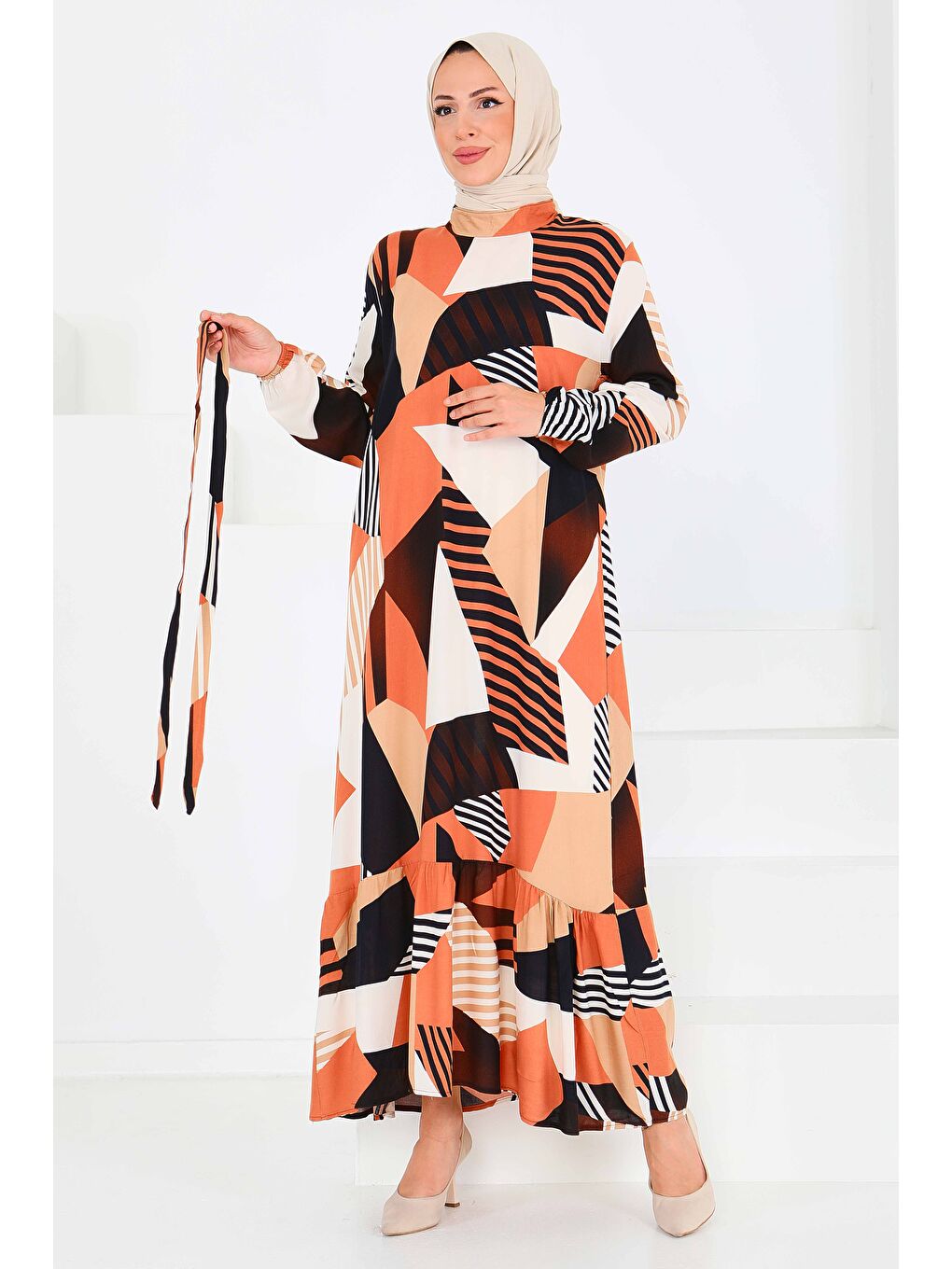 Turuncu Desenli Kuşaklı Elbise Oranj - 27517-1