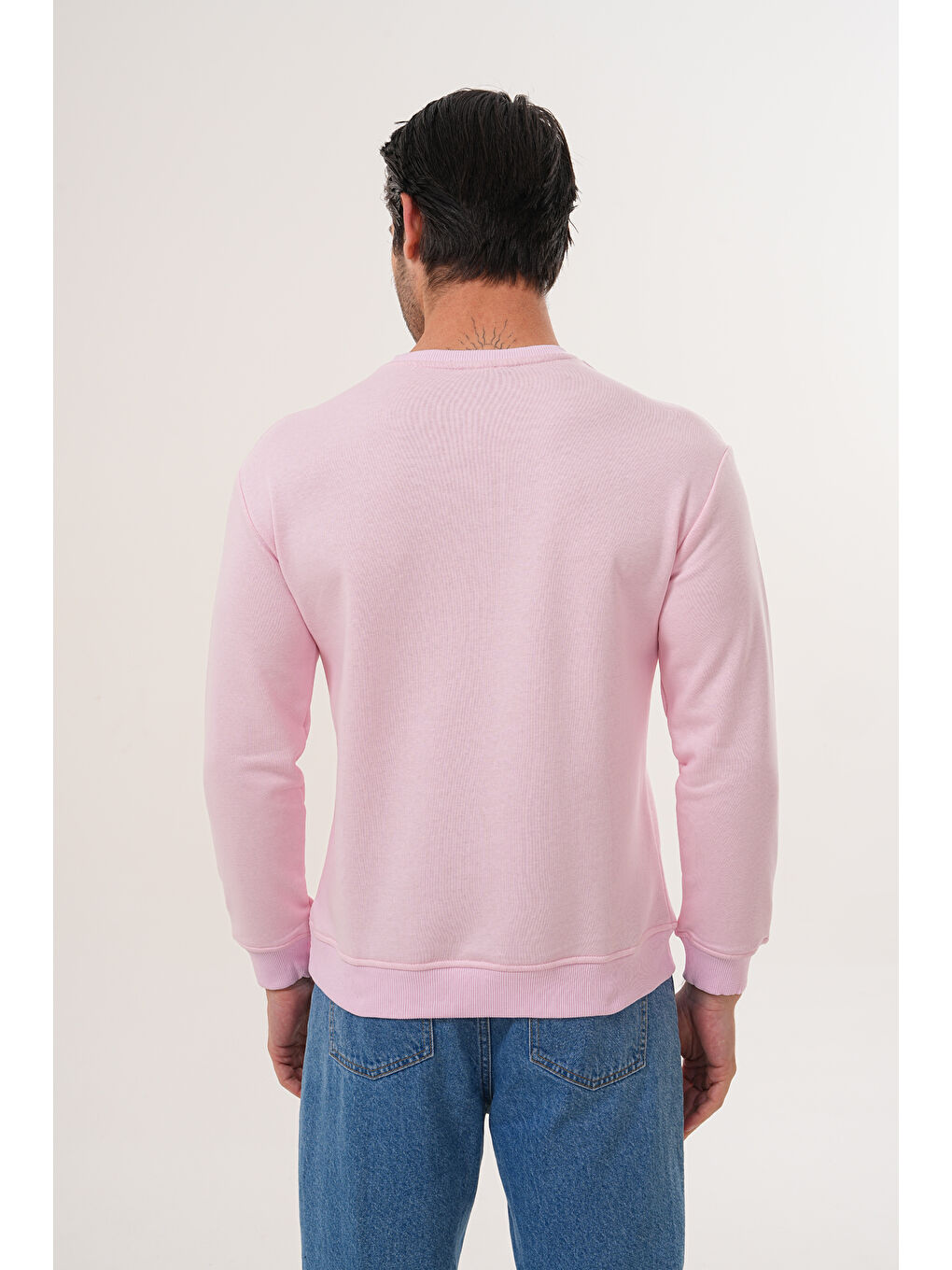 Pembe Unisex Bisiklet Yaka %100 Pamuk Basic Sweatshirt-5