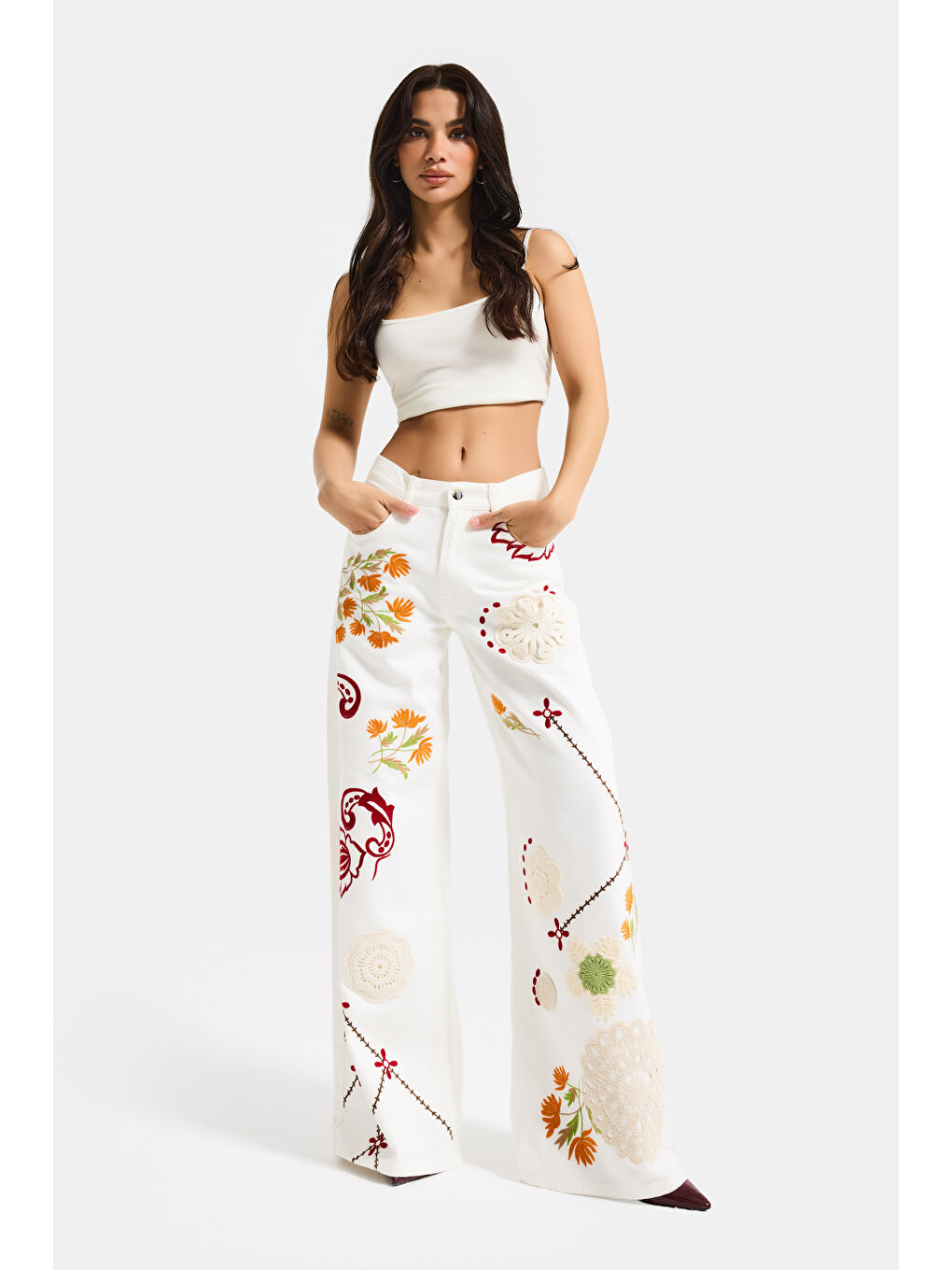 Kadın Ekru 7s6-101 Palazzo Fit Özel Desen Çiçek Nakışlı Tasarım Denim Jean-3