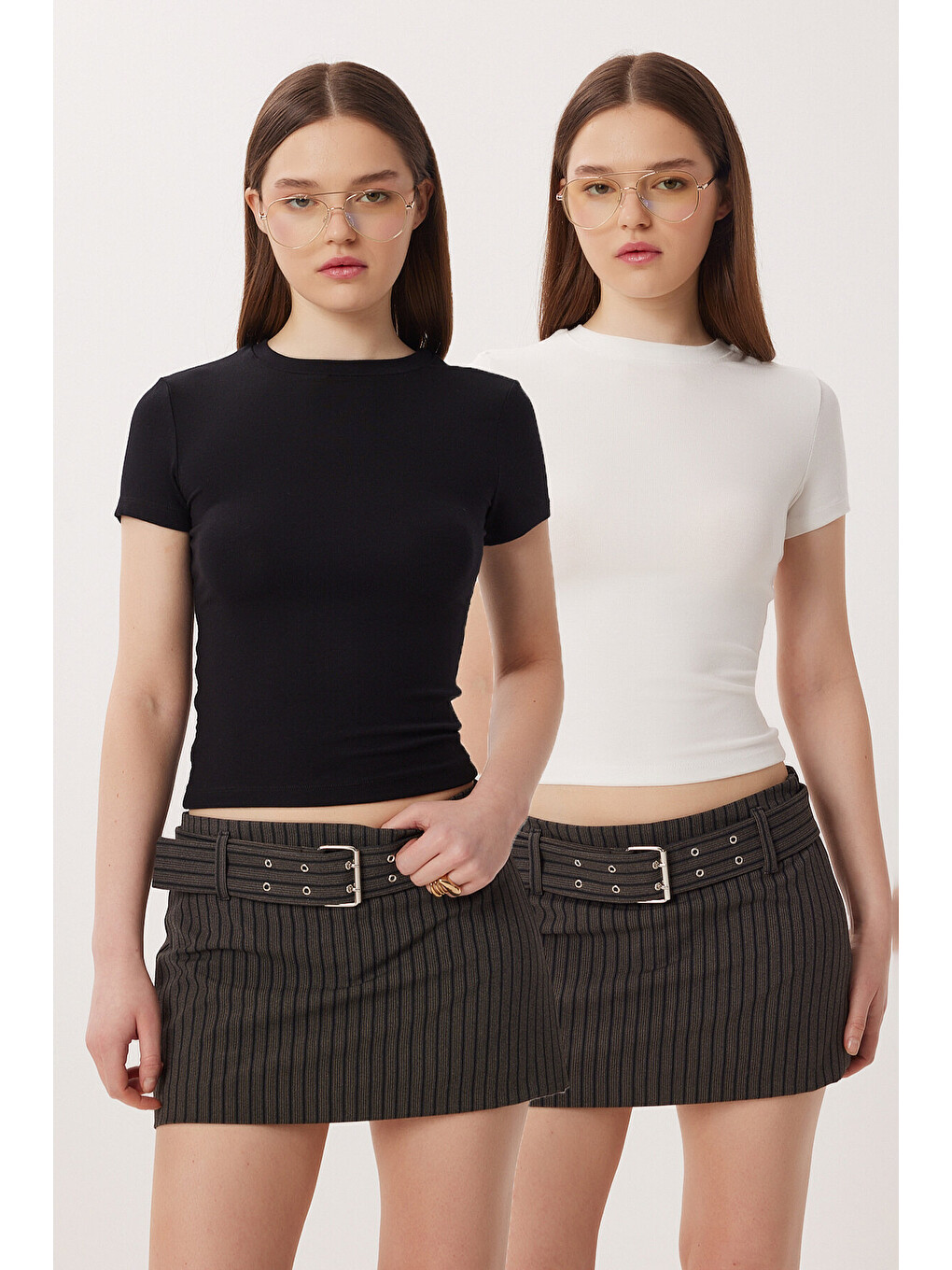 Siyah 2’li Paket Bisiklet Yaka Basic Örme T-shirt SİYAH KEMİK LDZ0066