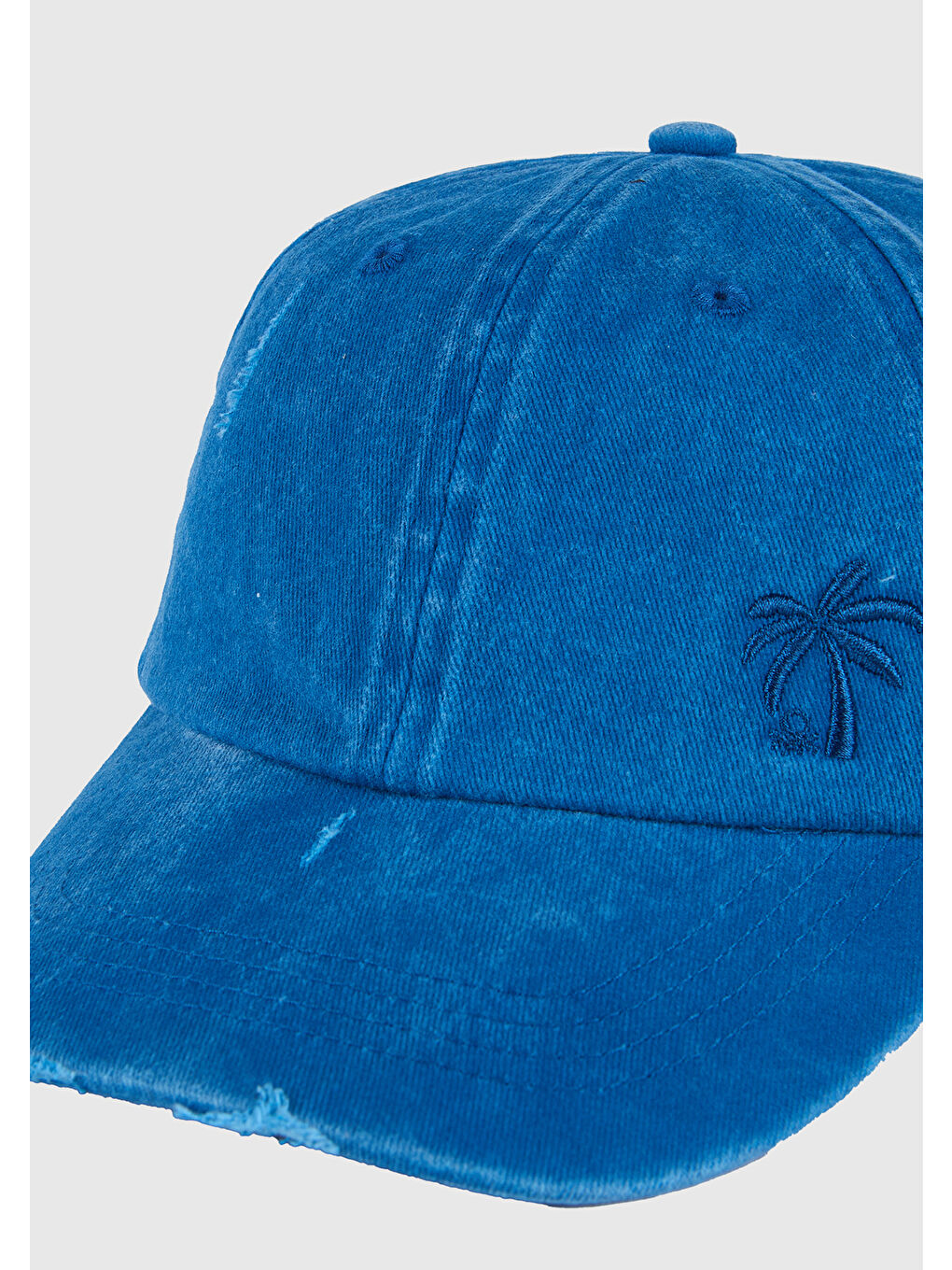 Erkek Çocuk Saks Mavi Yırtıklı Eskitilmiş Efektli Nakış İşlemeli Kep Şapka-2