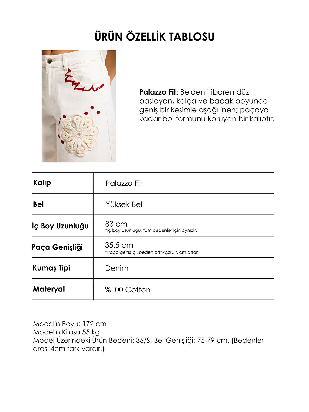 Kadın Ekru 7s6-101 Palazzo Fit Özel Desen Çiçek Nakışlı Tasarım Denim Jean-4