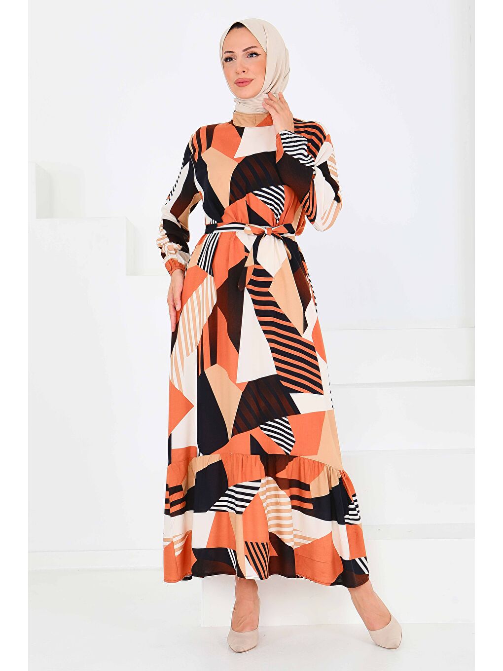 Turuncu Desenli Kuşaklı Elbise Oranj - 27517-2