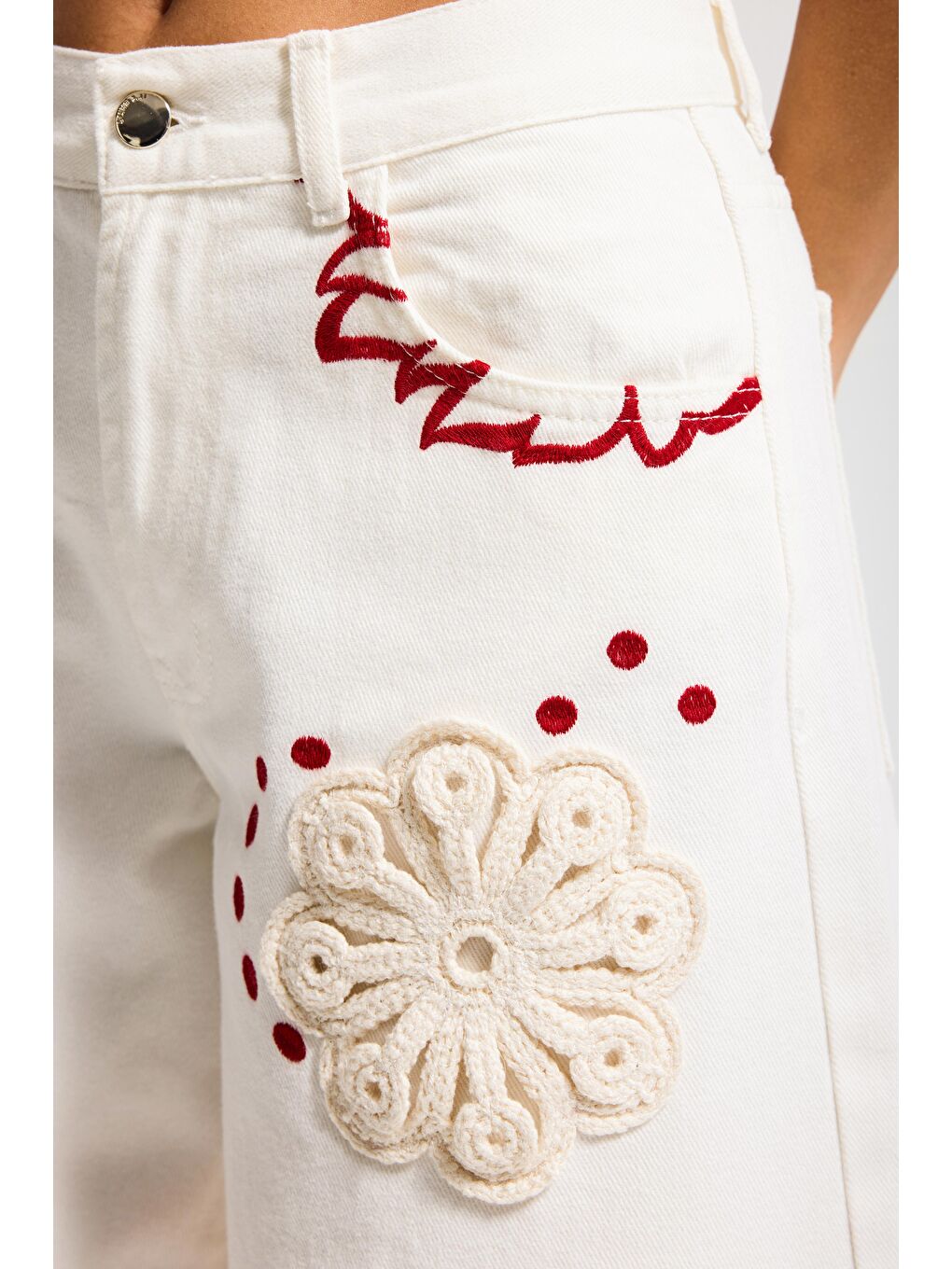 Kadın Ekru 7s6-101 Palazzo Fit Özel Desen Çiçek Nakışlı Tasarım Denim Jean-5