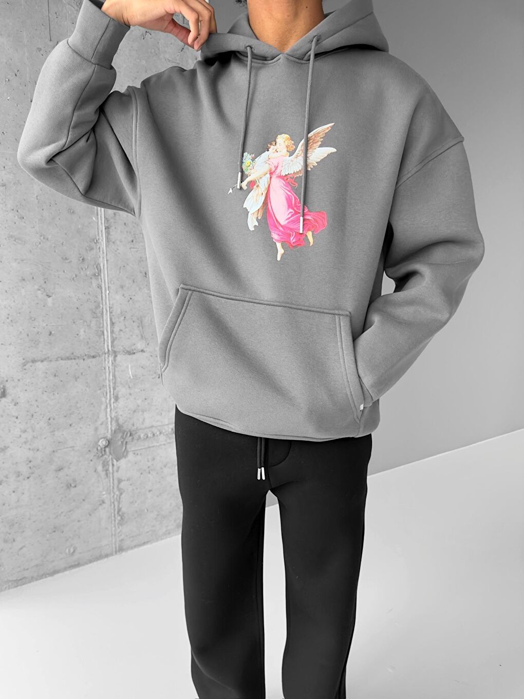 Erkek Oversize 'Hero Angel' Baskılı Sweatshirt Gri