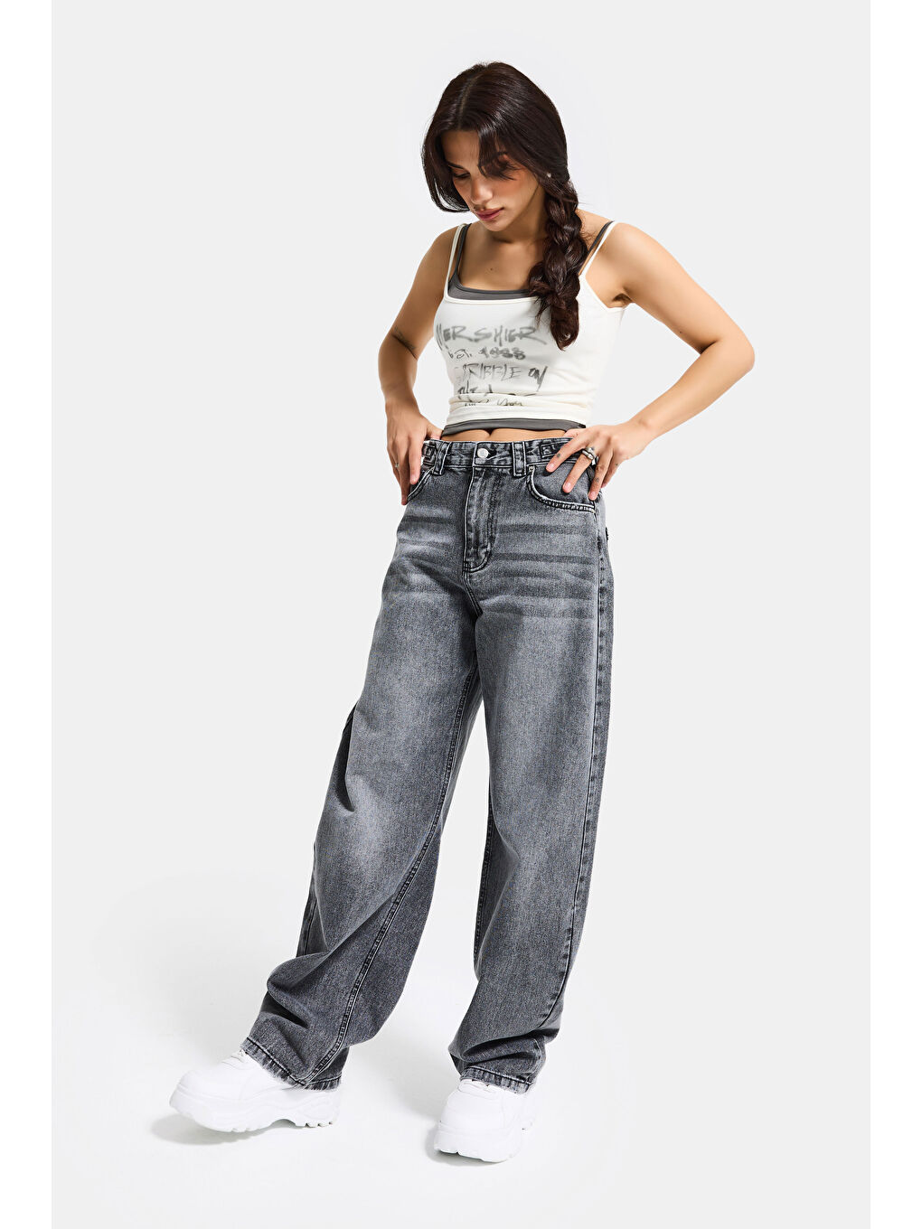 Gri Kadın Füme 4s6-13 Baggy Fit Bol Kesim %100 Pamuk Denim Jean-5