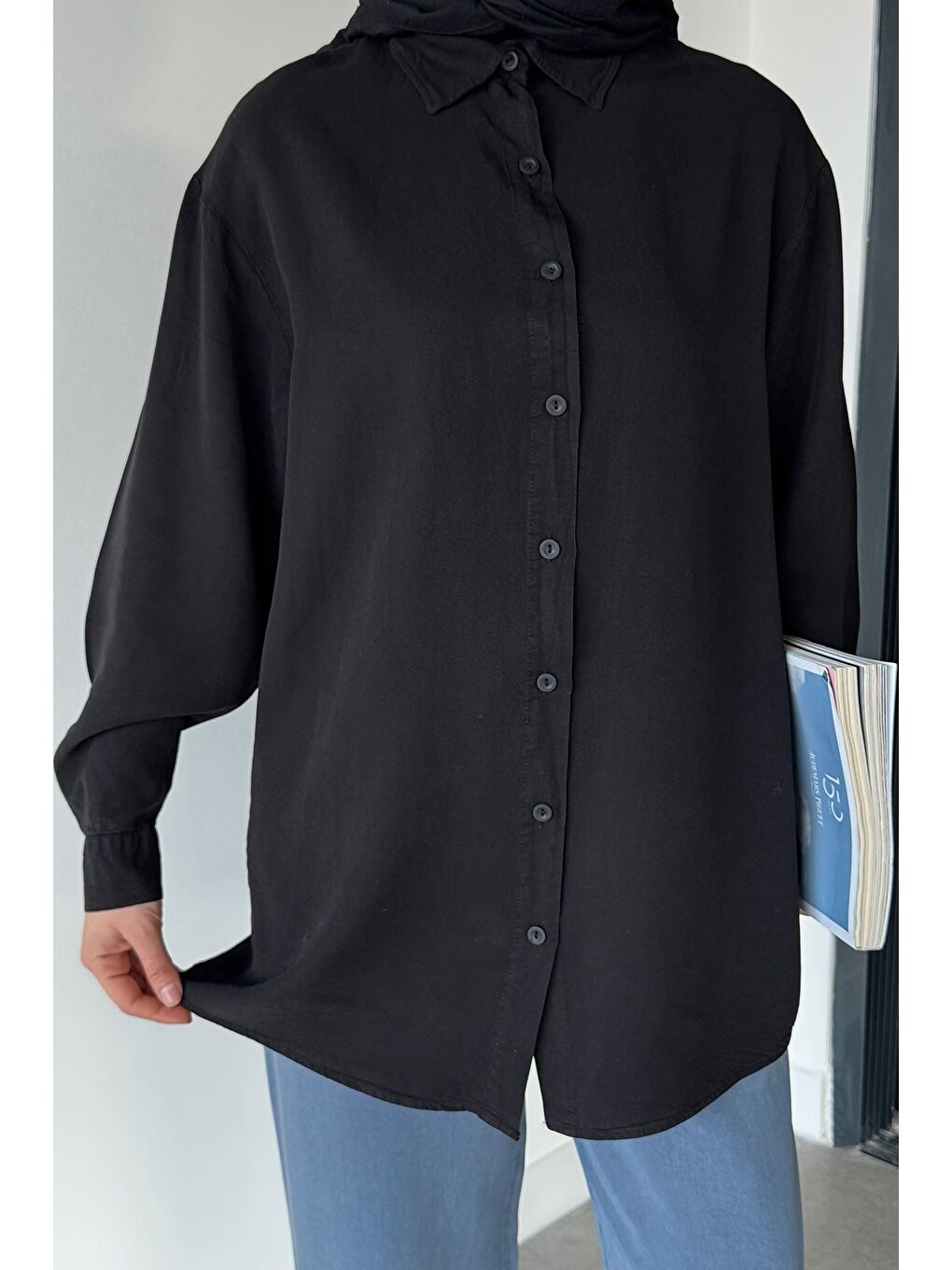 Siyah Tesettür Kumaş Gömlek Tunik-3
