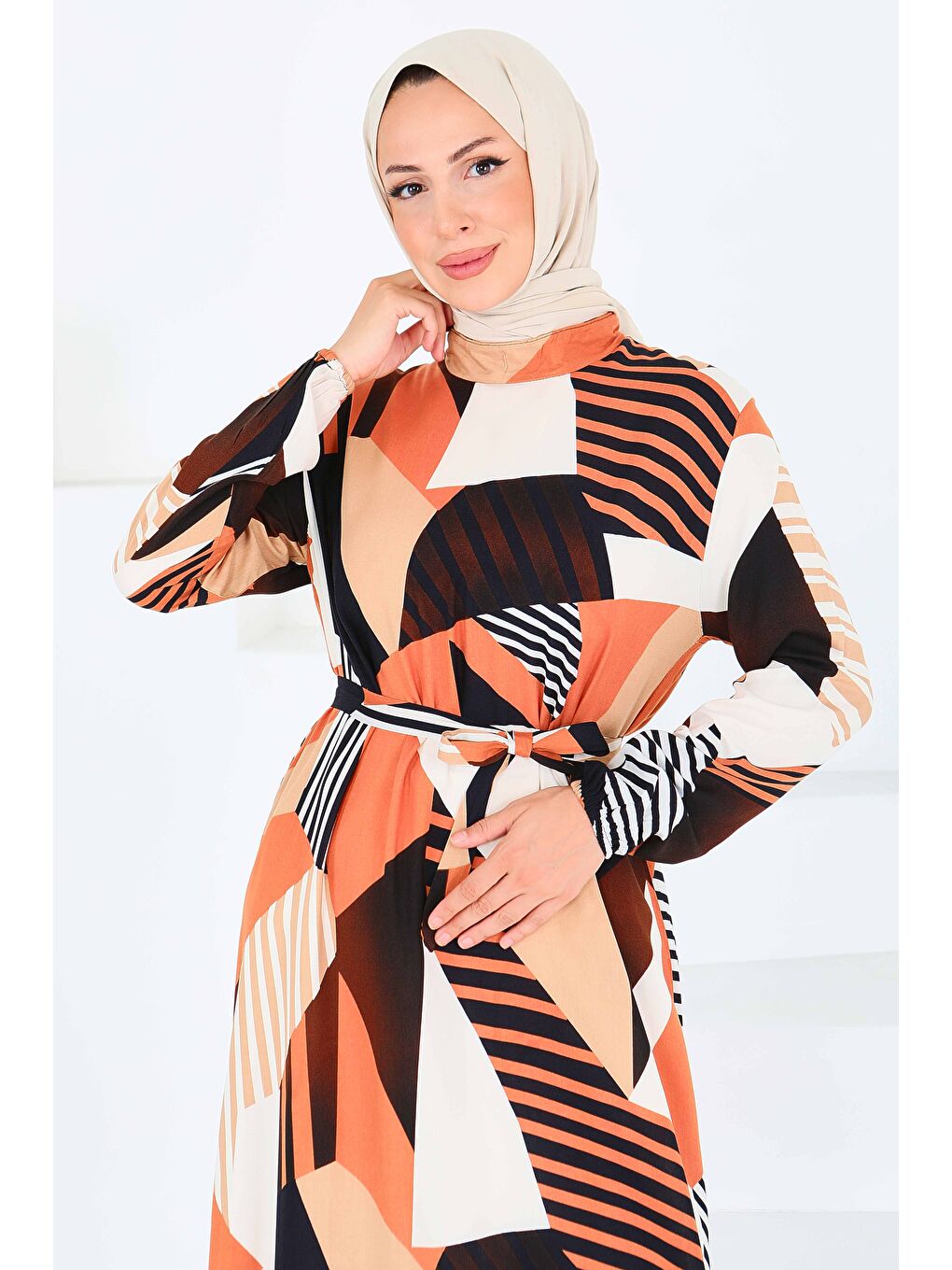 Turuncu Desenli Kuşaklı Elbise Oranj - 27517-3