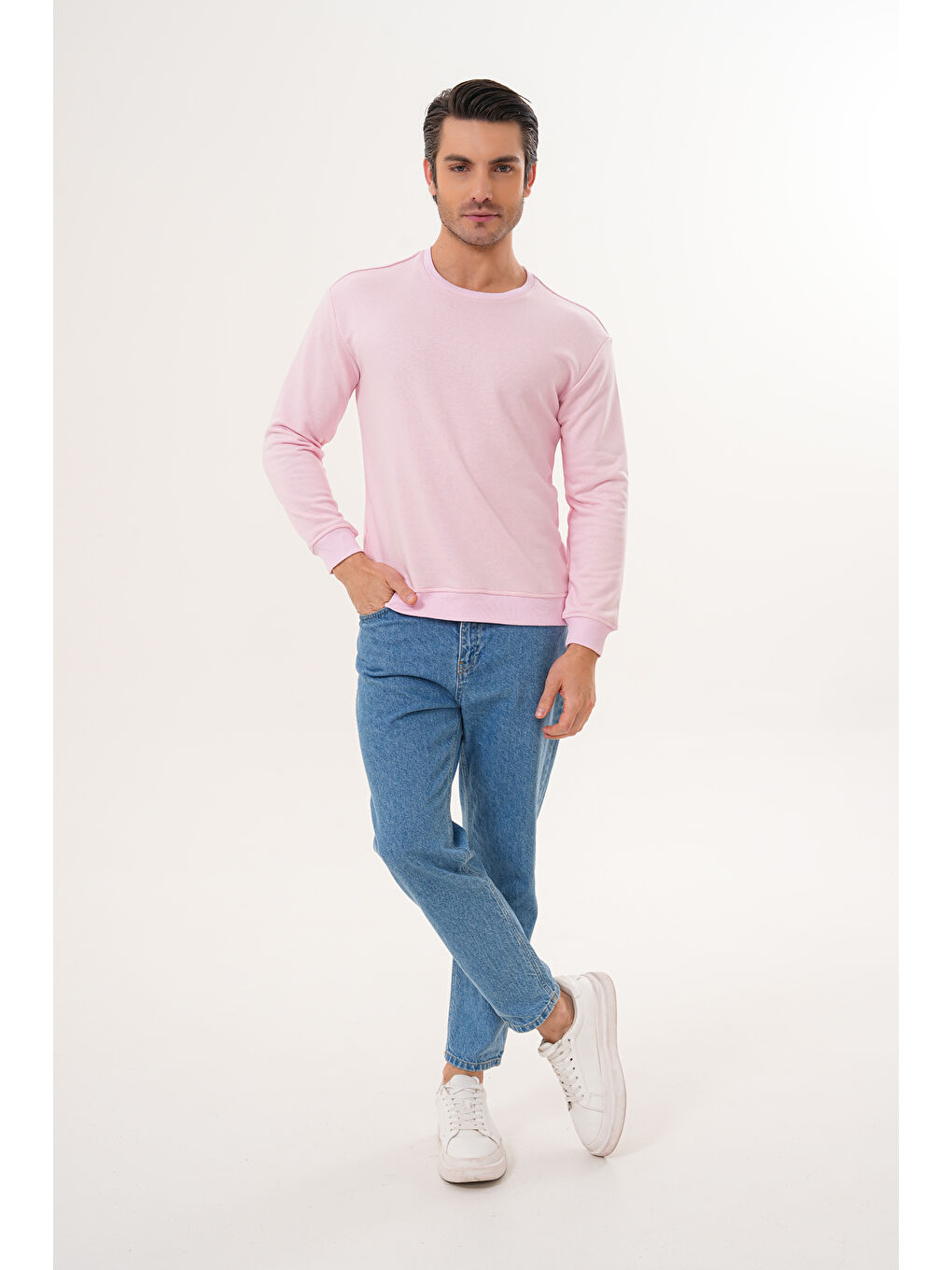 Pembe Unisex Bisiklet Yaka %100 Pamuk Basic Sweatshirt-9