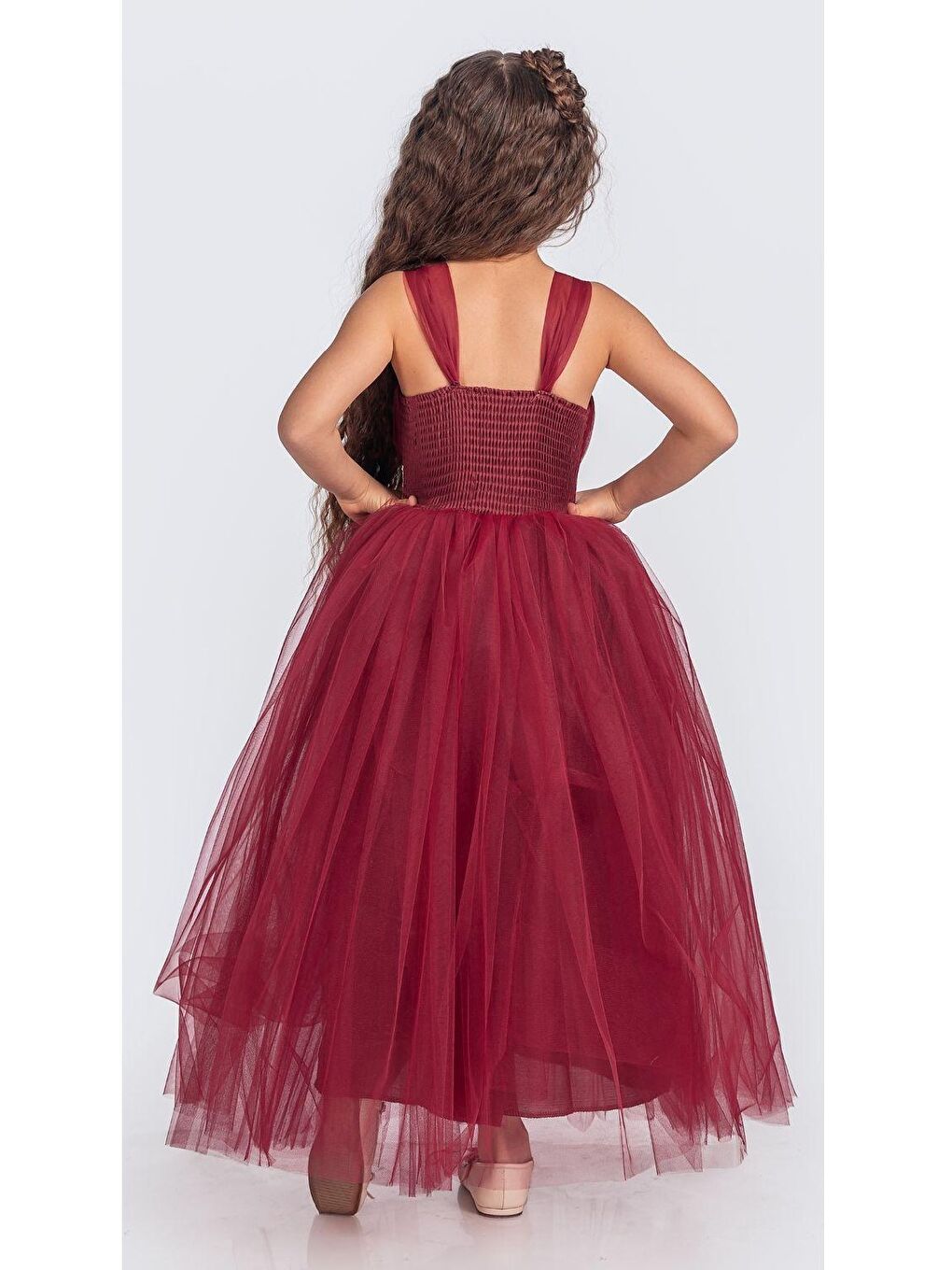 Bordo Sırt Gipeli Tütü Etek Kız Çocuk Saten Parti Abiye Elbise-1