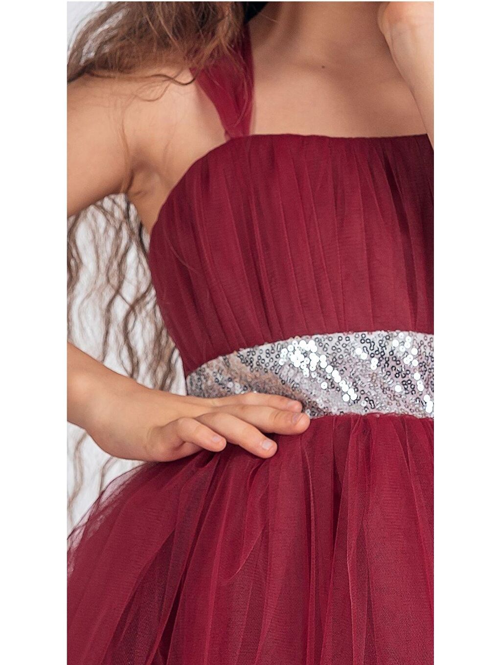 Bordo Sırt Gipeli Tütü Etek Kız Çocuk Saten Parti Abiye Elbise-3