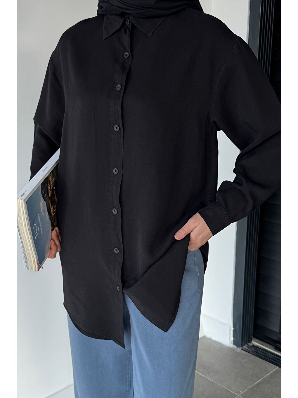 Siyah Tesettür Kumaş Gömlek Tunik-4