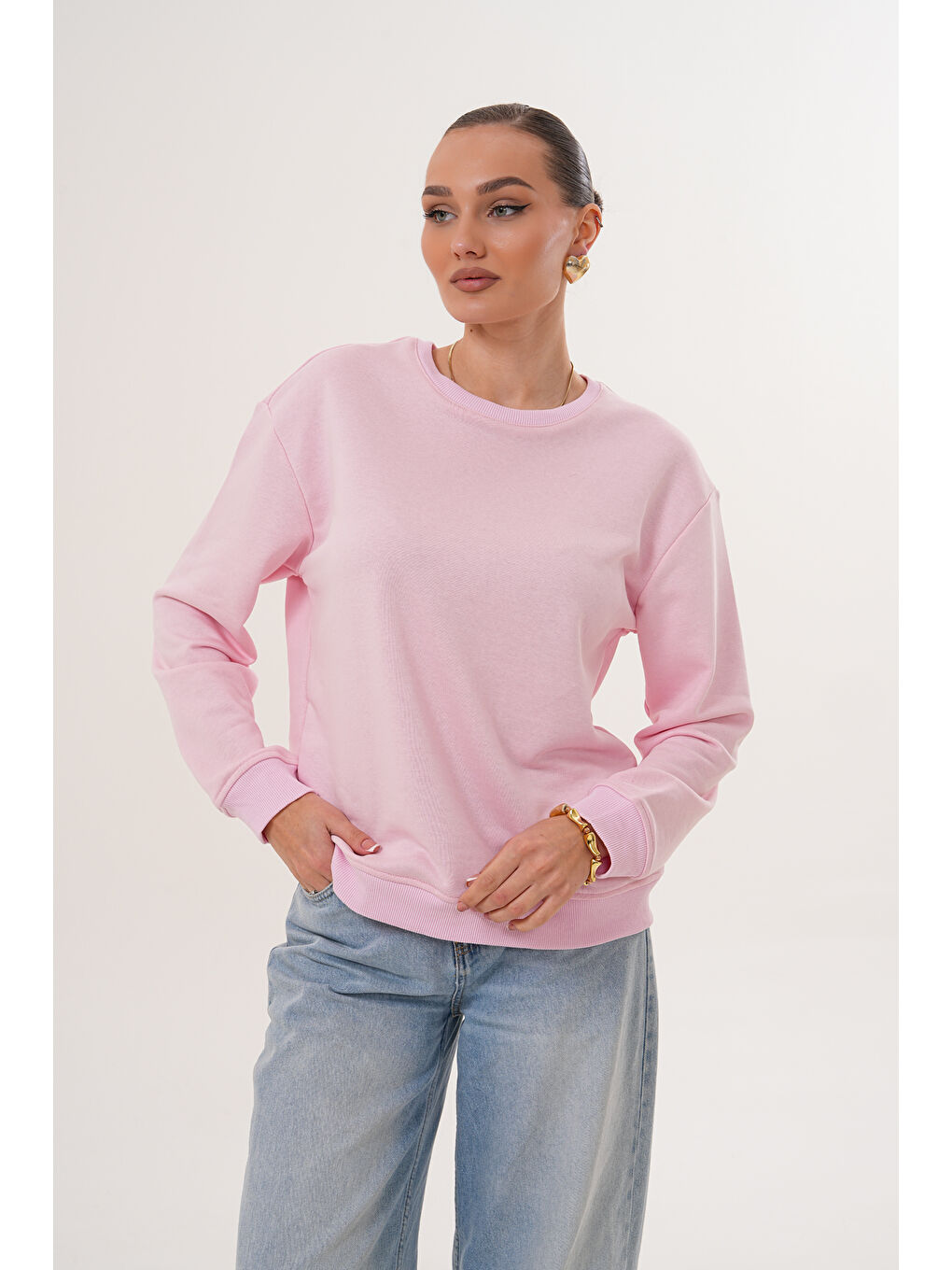Pembe Unisex Bisiklet Yaka %100 Pamuk Basic Sweatshirt-10