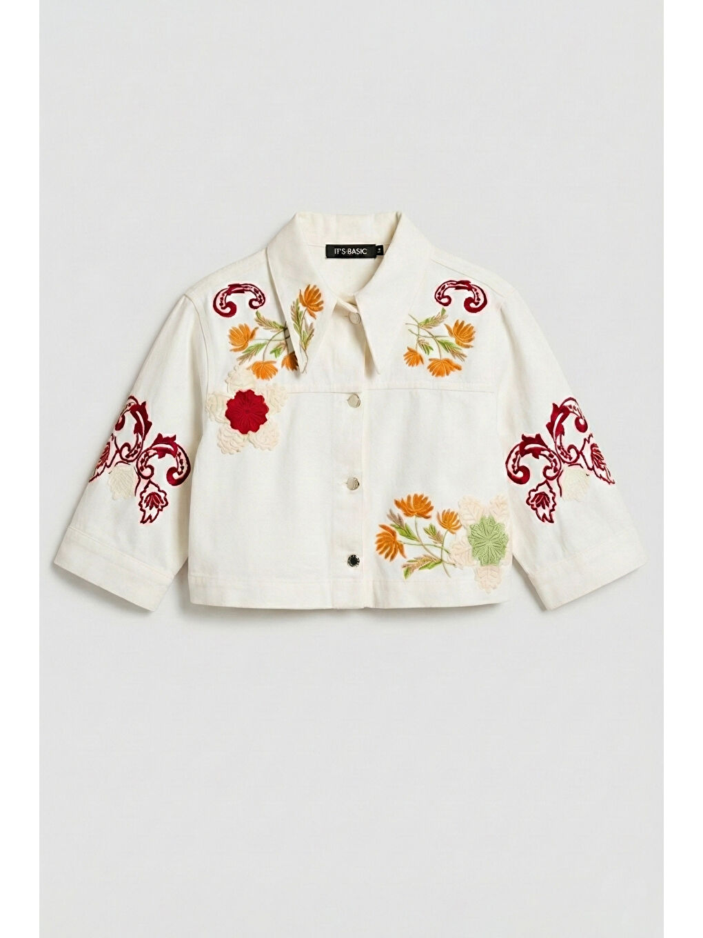 Kadın Ekru 7s6-101 Crop Fit Özel Desen Çiçek Nakışlı Tasarım Denim Ceket-1