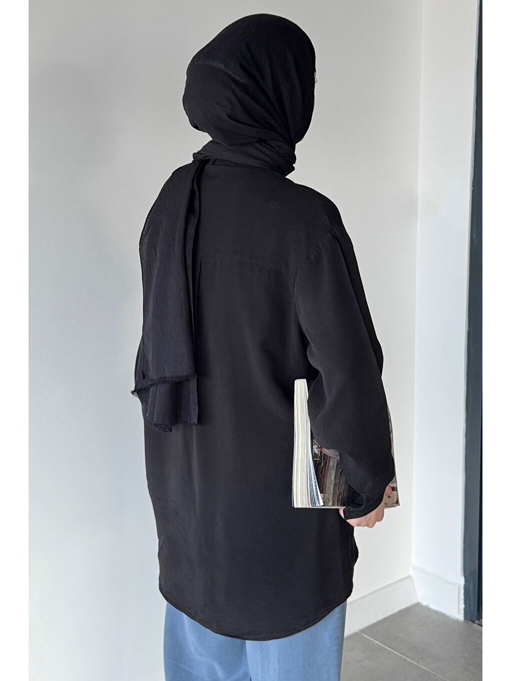 Siyah Tesettür Kumaş Gömlek Tunik-6