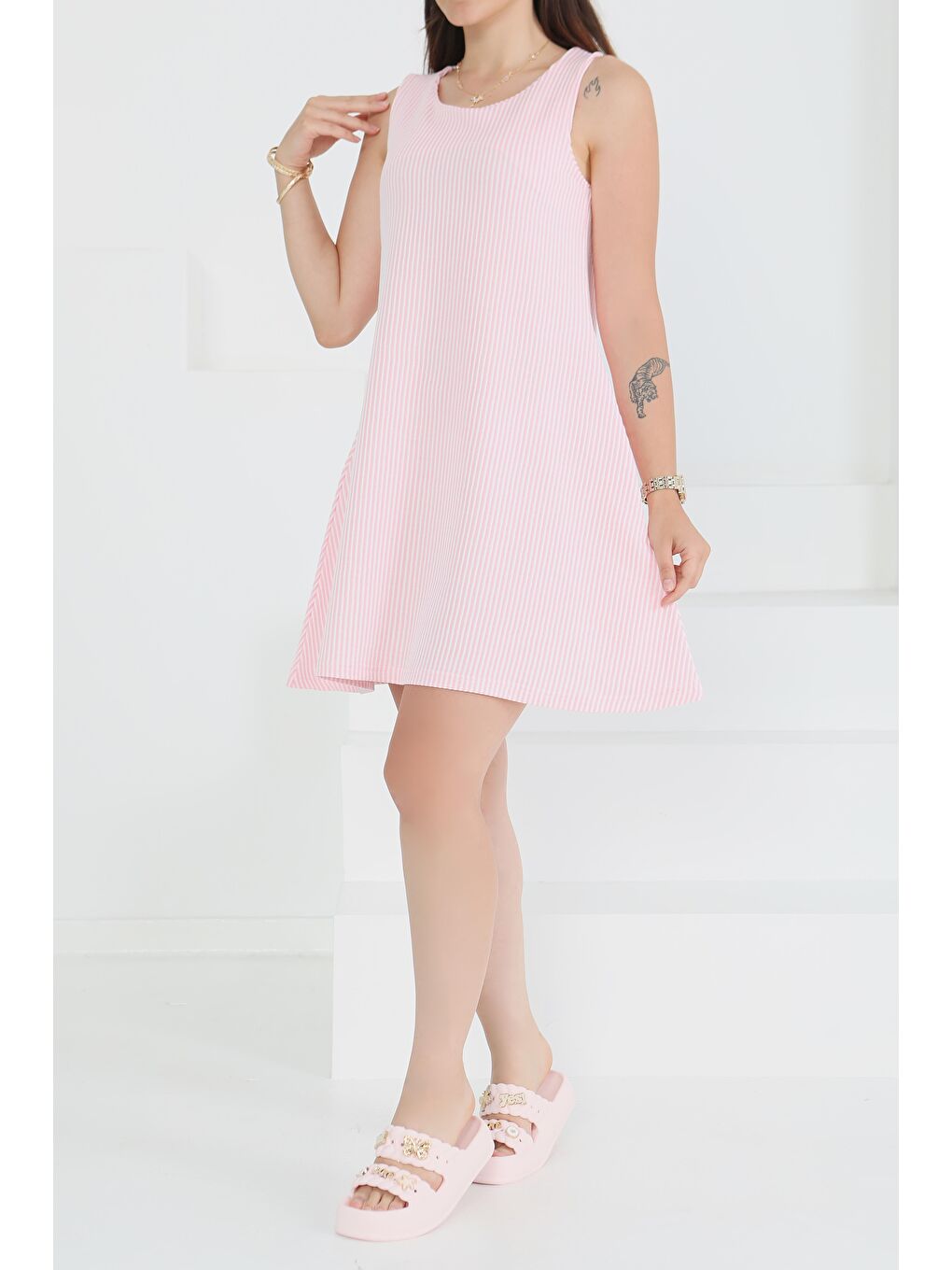 Su Yolu Fermuarlı Elbise Pembe - 27502-1