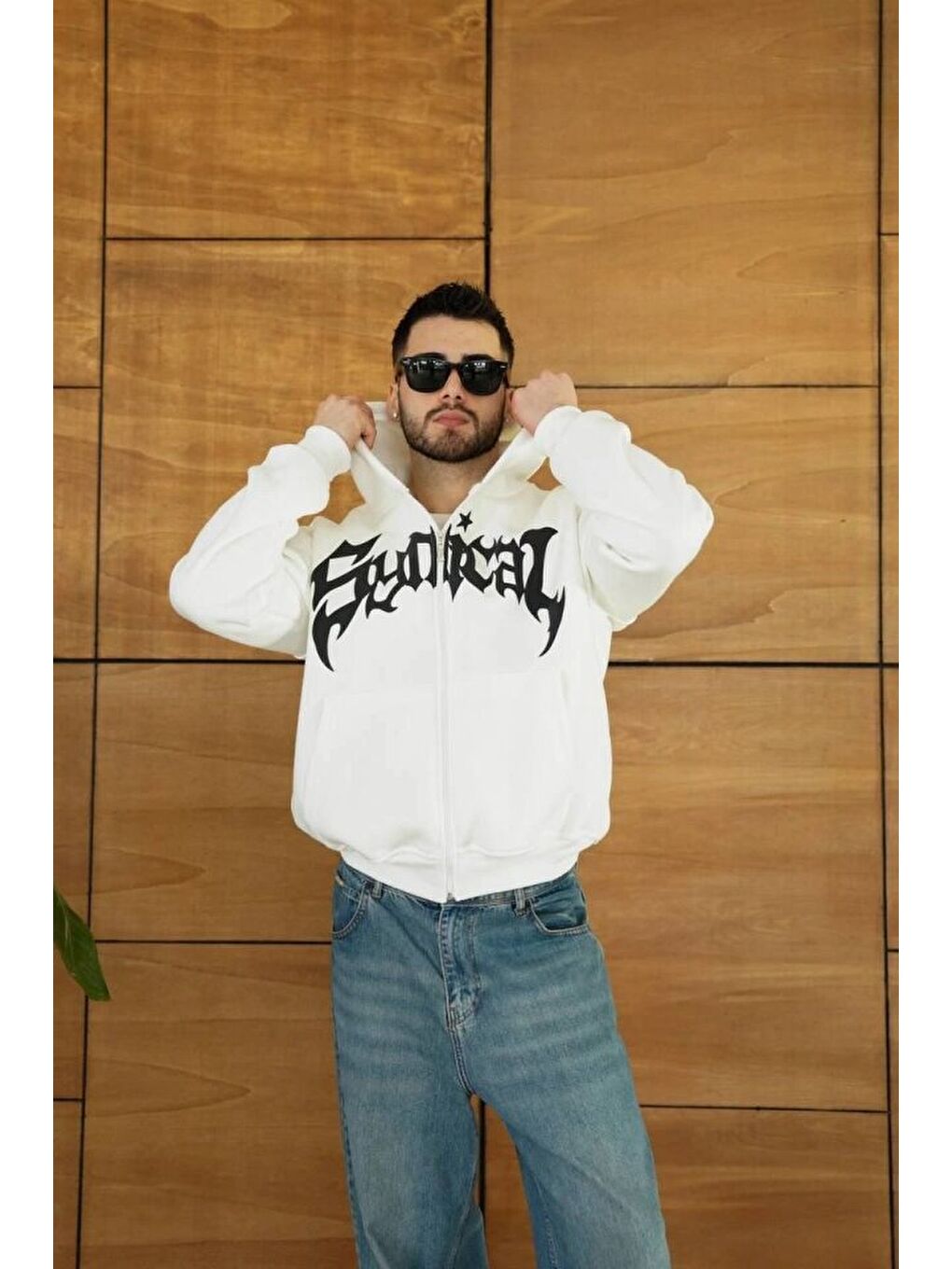 Siyah Erkek Kapüşonlu Sweatshirt Hoodie 3 İplik Şardonlu Pamuklu Kumaş, Önü Baskılı, Fermuarlı Rahat Kalıp