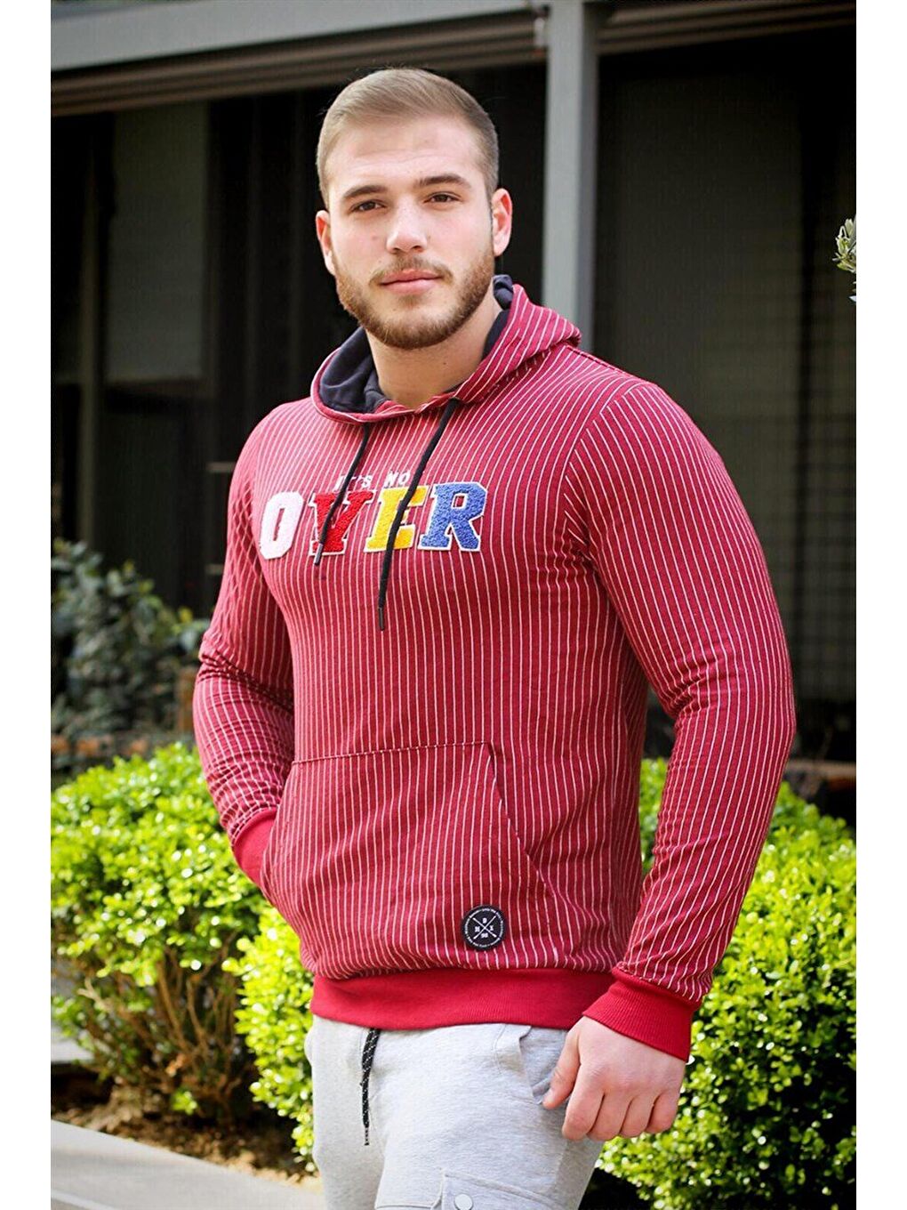 Bordo Kapüşonlu Sweatshirt - Çizgili Detaylı 2788-1