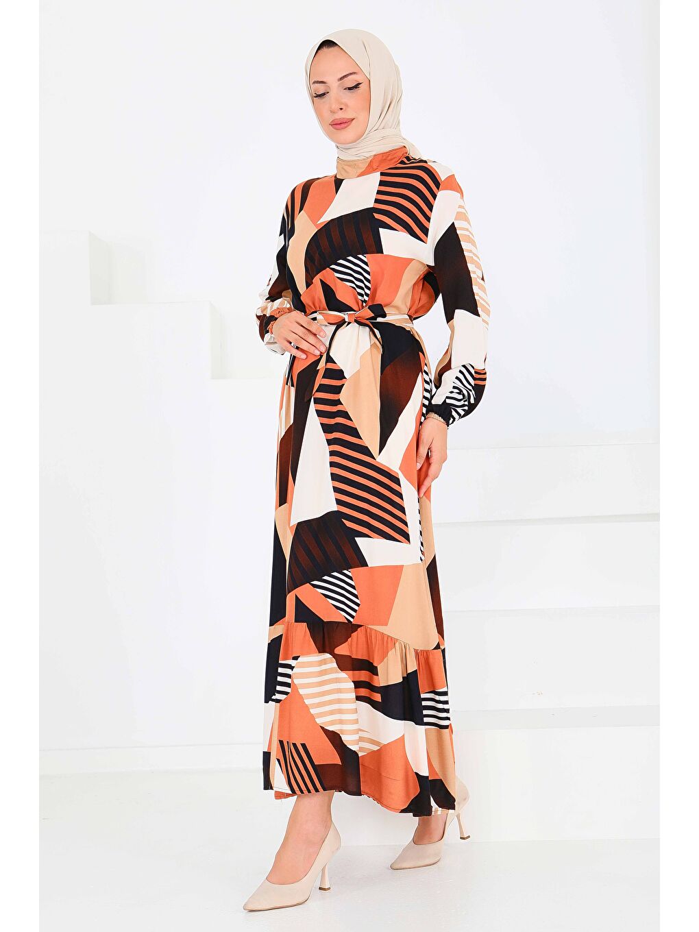 Turuncu Desenli Kuşaklı Elbise Oranj - 27517-4