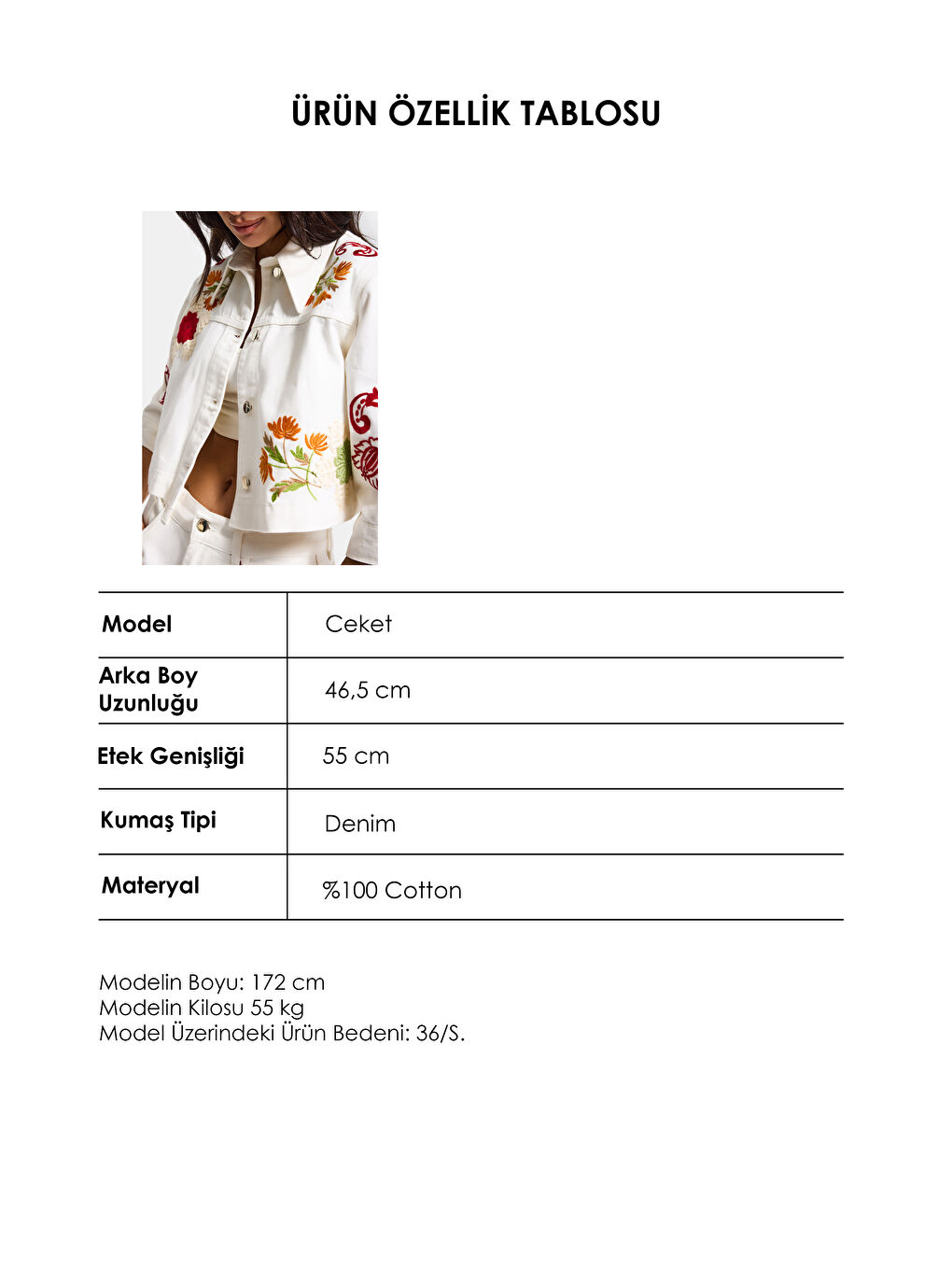 Kadın Ekru 7s6-101 Crop Fit Özel Desen Çiçek Nakışlı Tasarım Denim Ceket-4