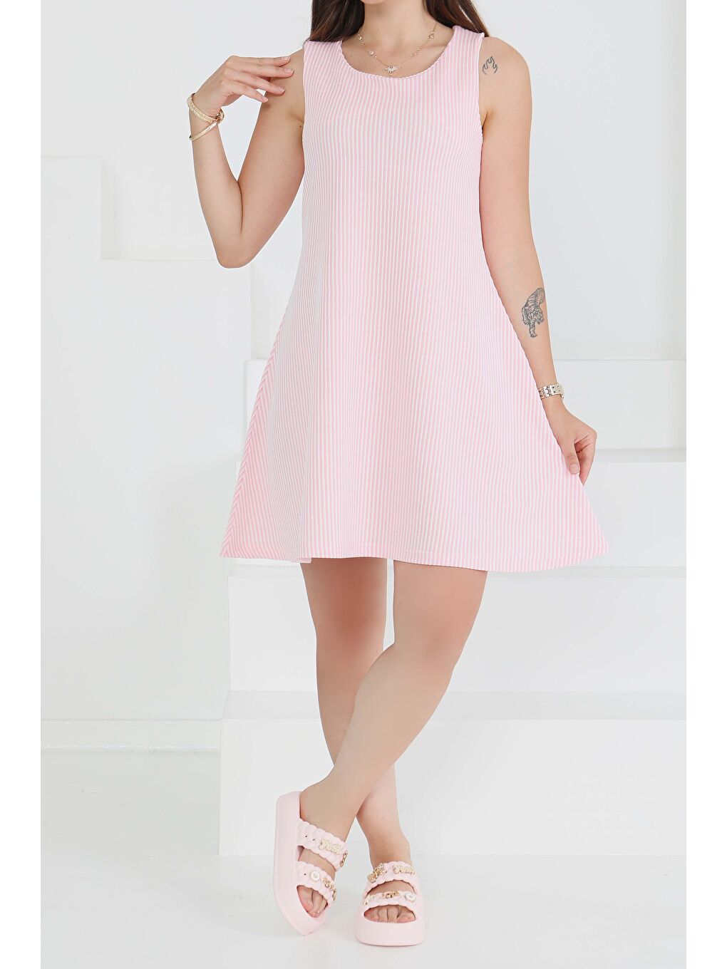 Su Yolu Fermuarlı Elbise Pembe - 27502-2