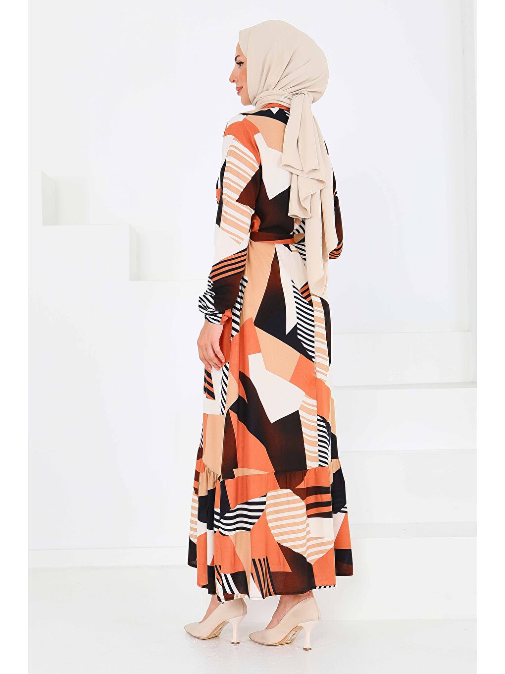 Turuncu Desenli Kuşaklı Elbise Oranj - 27517-5