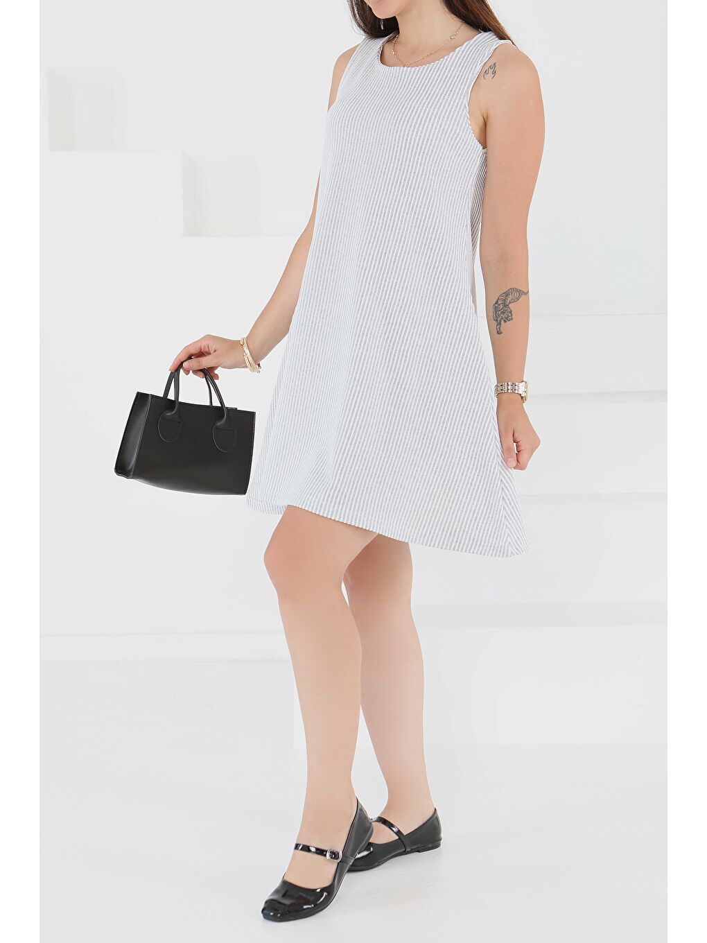 Su Yolu Fermuarlı Elbise Gri - 27502