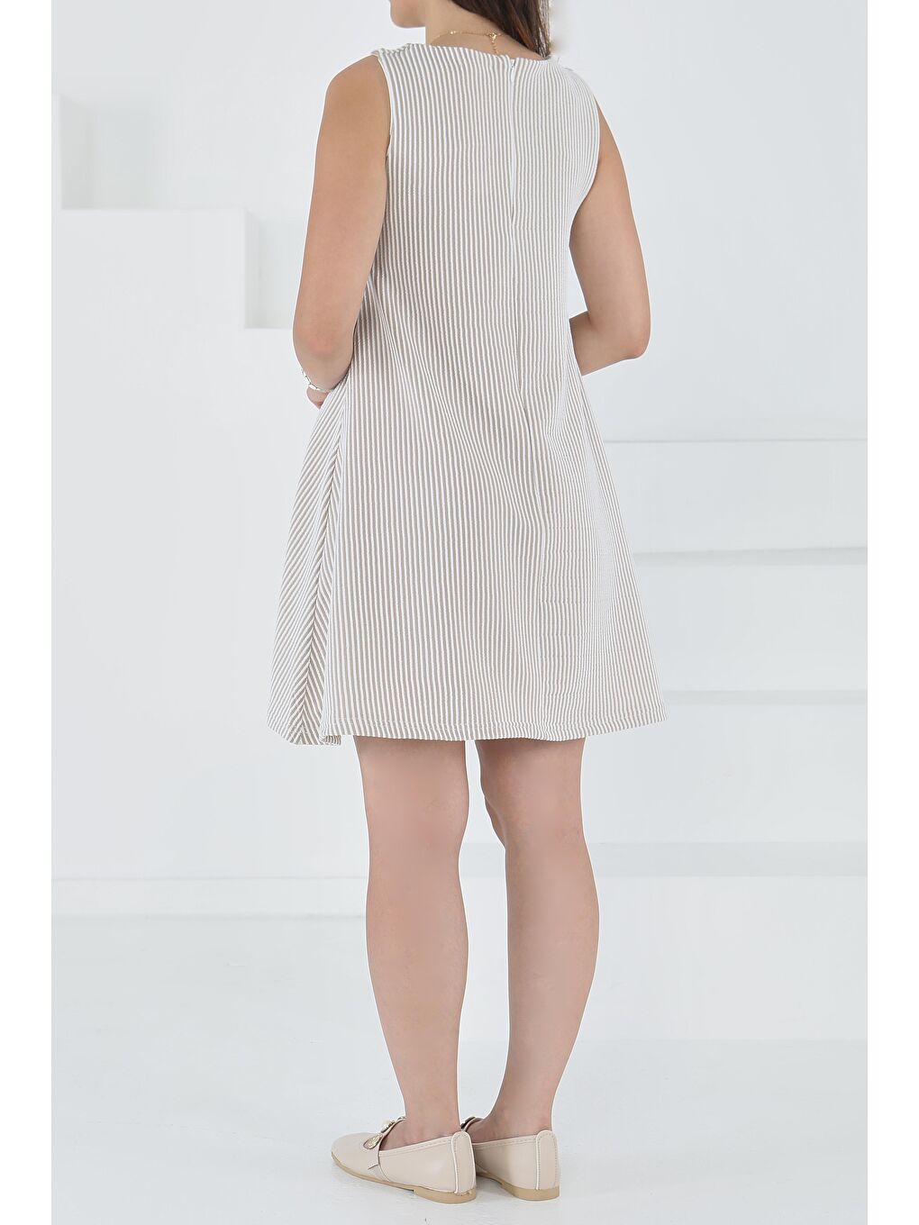 Su Yolu Fermuarlı Elbise Bej - 27502-3