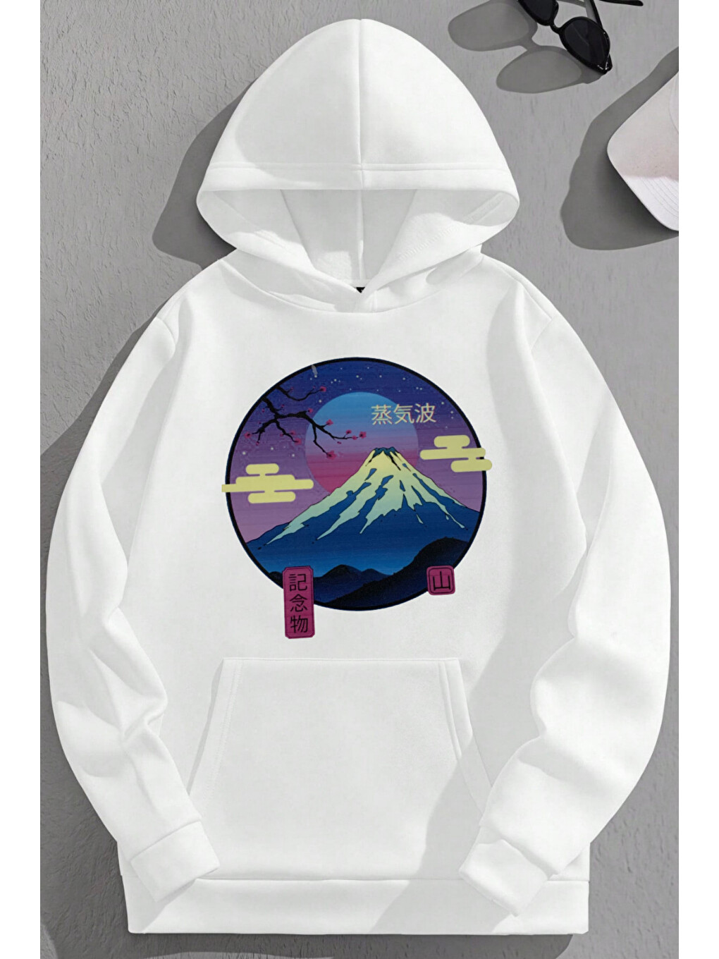 Unisex 3 İplik Pamuklu Beyaz Sakura Baskı Bol Kalıp Sweatshirt Hoodie