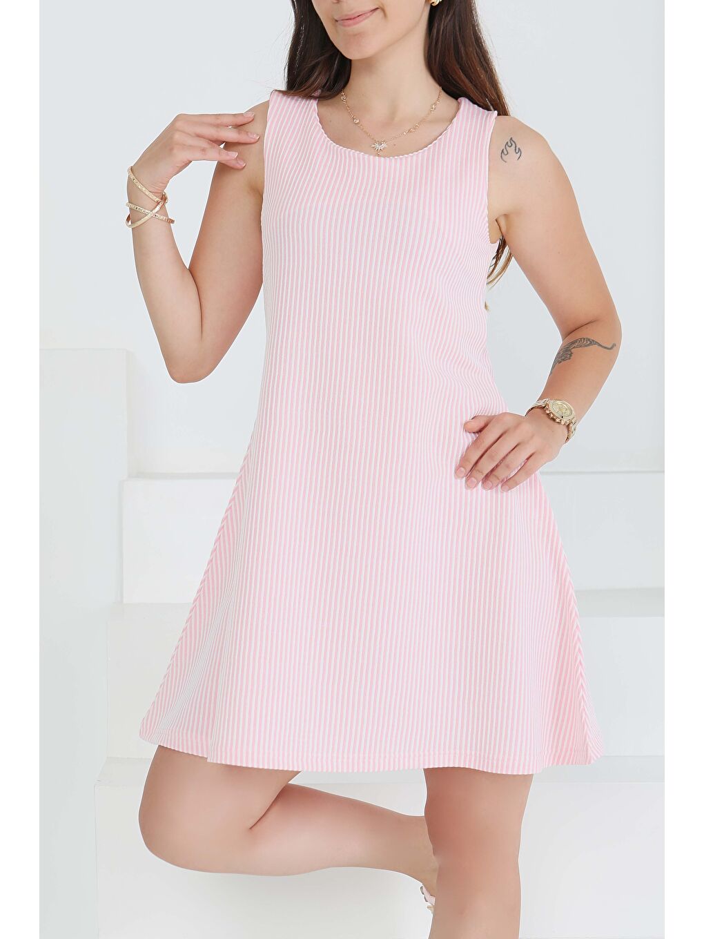 Su Yolu Fermuarlı Elbise Pembe - 27502-3