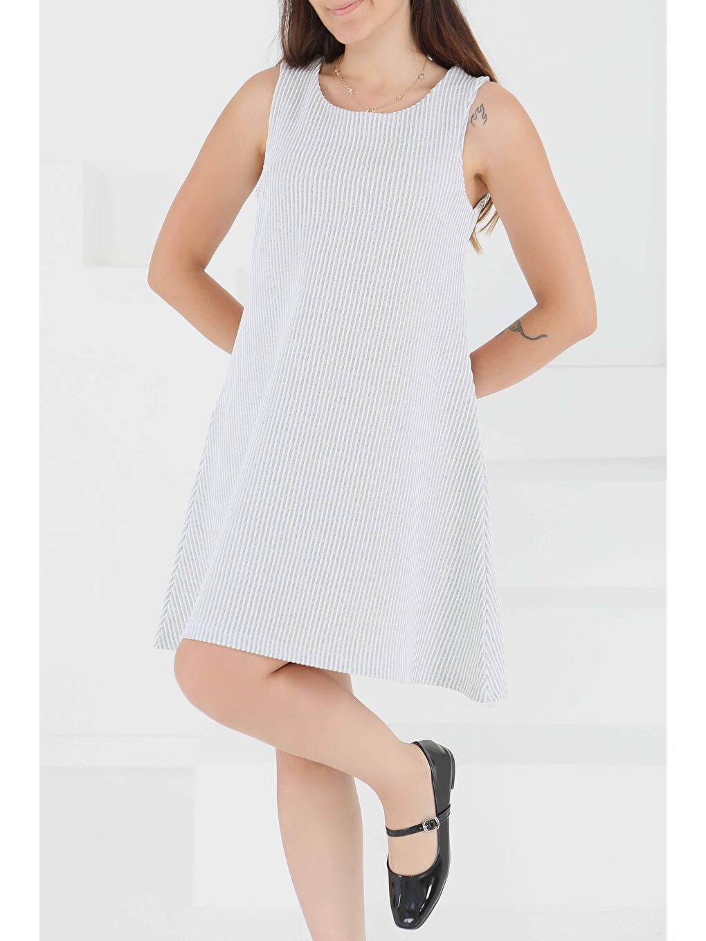 Su Yolu Fermuarlı Elbise Gri - 27502-1