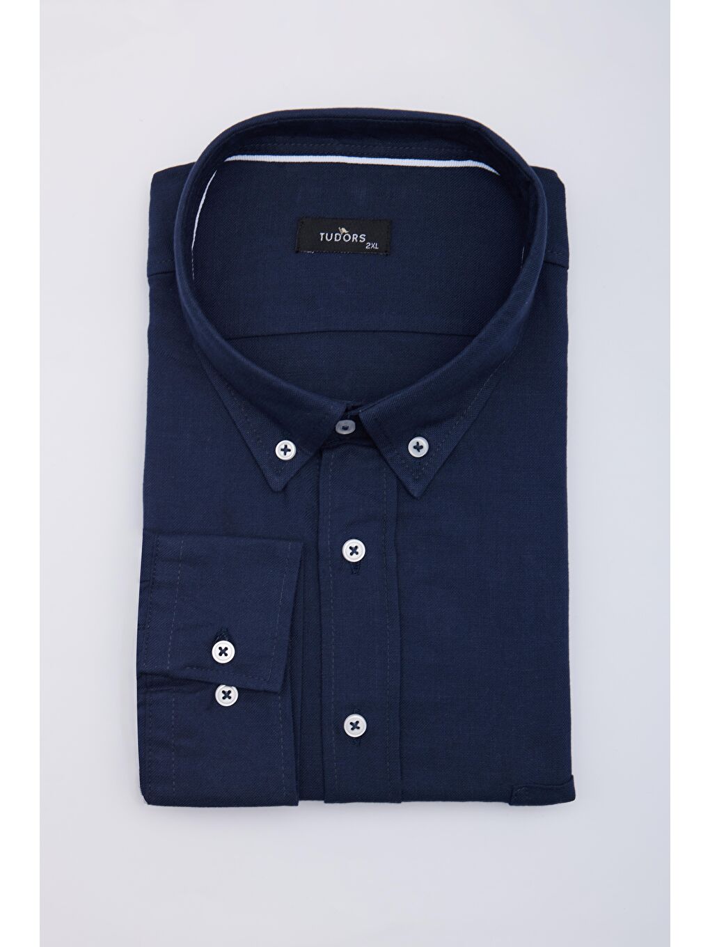 Erkek Big Size Büyük Beden Uzun Kollu %100 Pamuk Keten Doku Tek Cepli Lacivert Düğmeli Yaka Gömlek-1