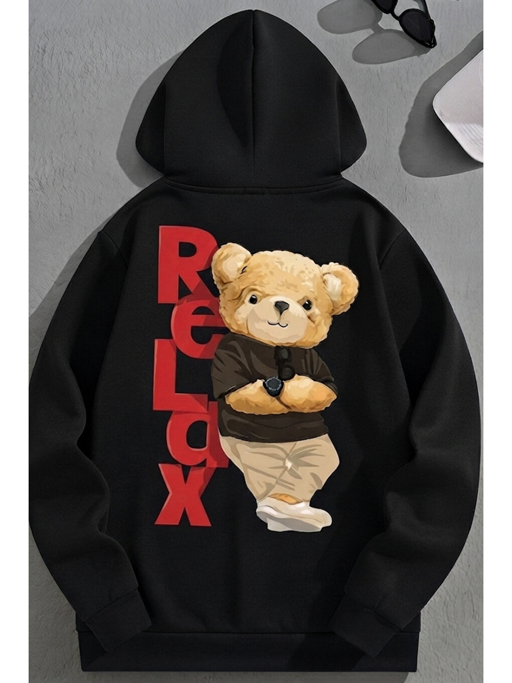 Unisex 3 İplik Pamuklu Siyah Relaxbear Baskı Bol Kalıp Sweatshirt Hoodie