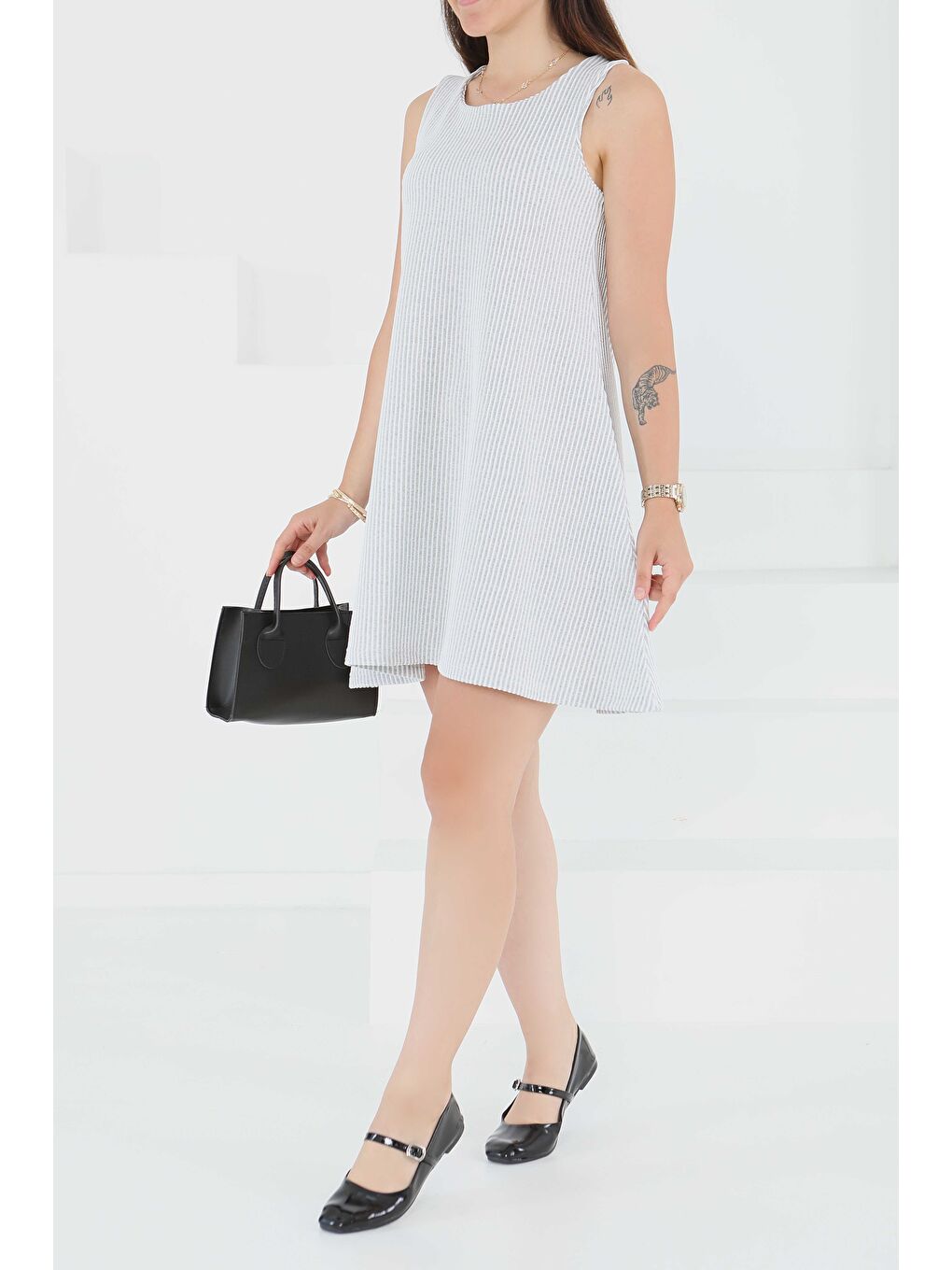 Su Yolu Fermuarlı Elbise Gri - 27502-2