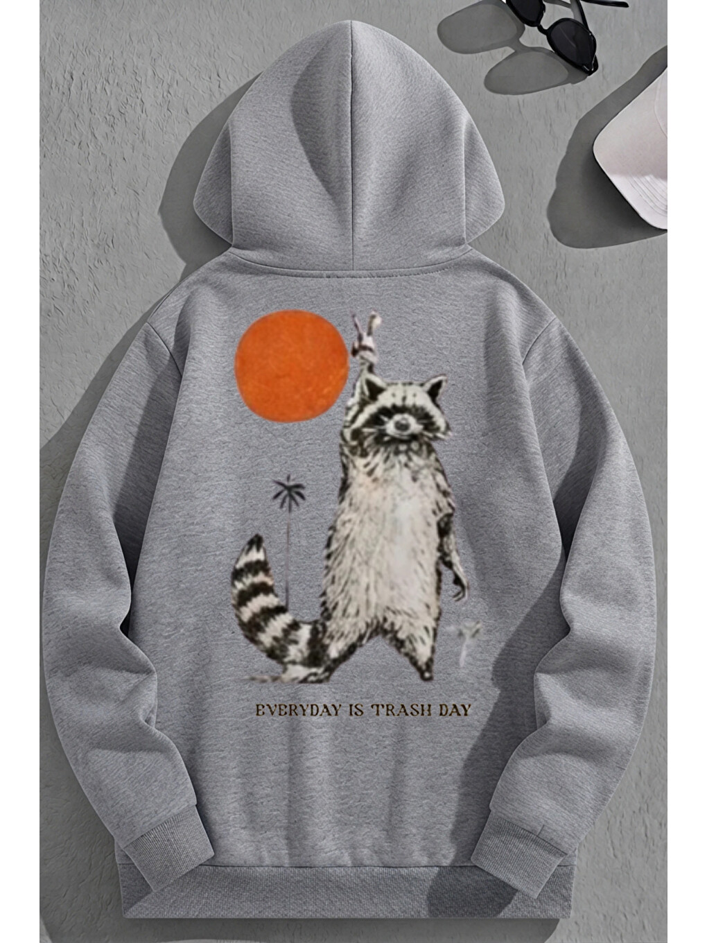Unisex 3 İplik Pamuklu Gri Rakun Baskı Bol Kalıp Sweatshirt Hoodie