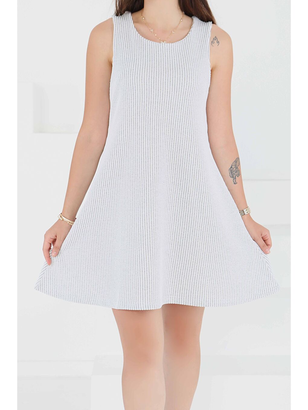 Su Yolu Fermuarlı Elbise Gri - 27502-3