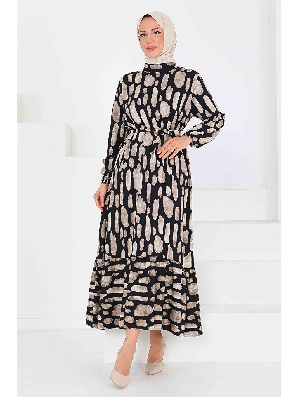 Desenli Kuşaklı Elbise Bej - 27519-2