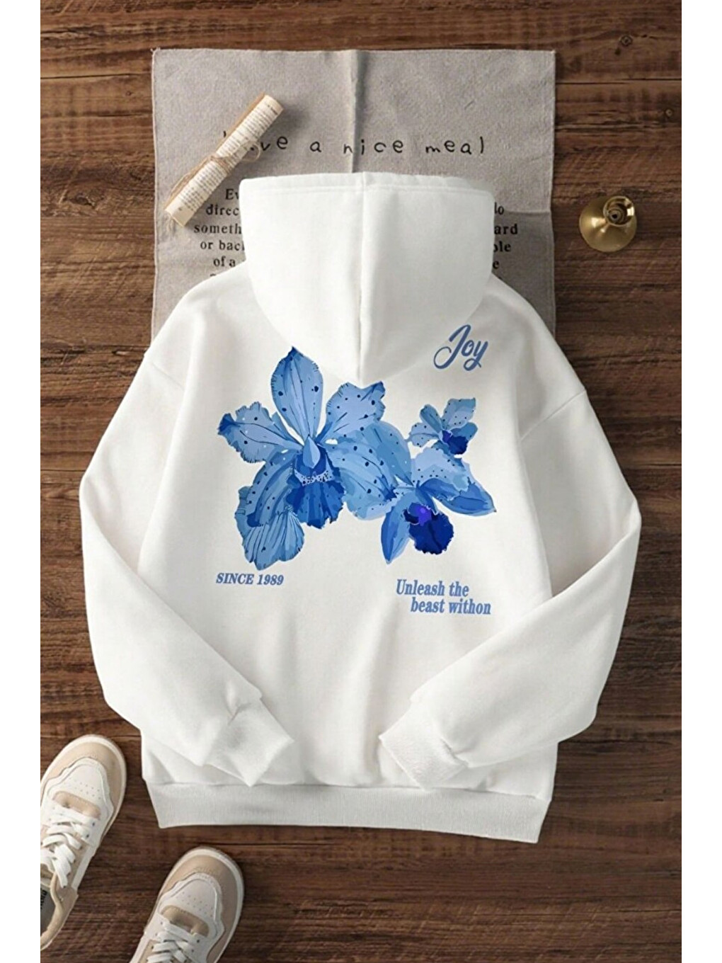 Unisex 3 İplik Pamuklu Beyaz Simplejoy Baskı Bol Kalıp Sweatshirt Hoodie