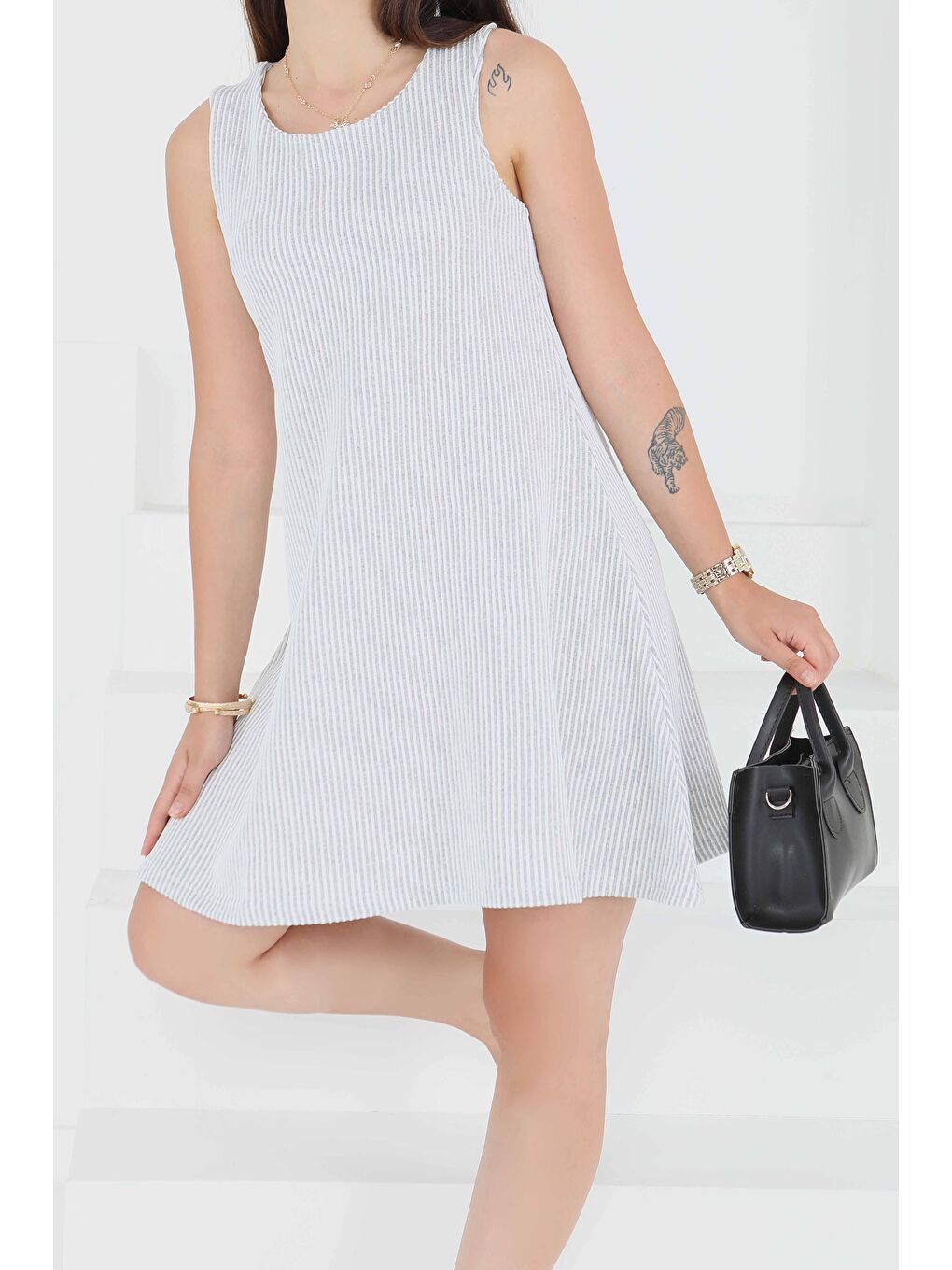 Su Yolu Fermuarlı Elbise Gri - 27502-4