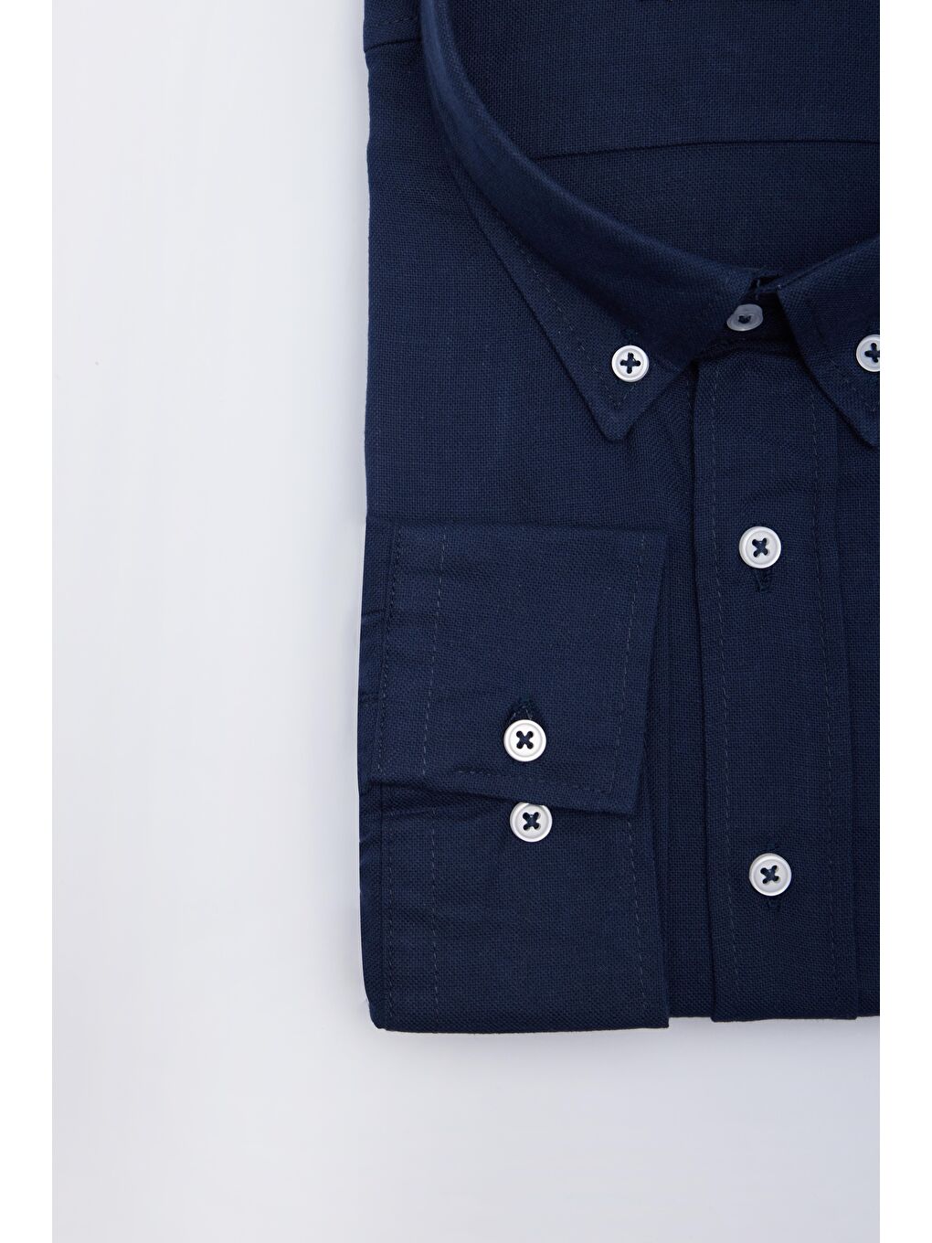 Erkek Big Size Büyük Beden Uzun Kollu %100 Pamuk Keten Doku Tek Cepli Lacivert Düğmeli Yaka Gömlek-2