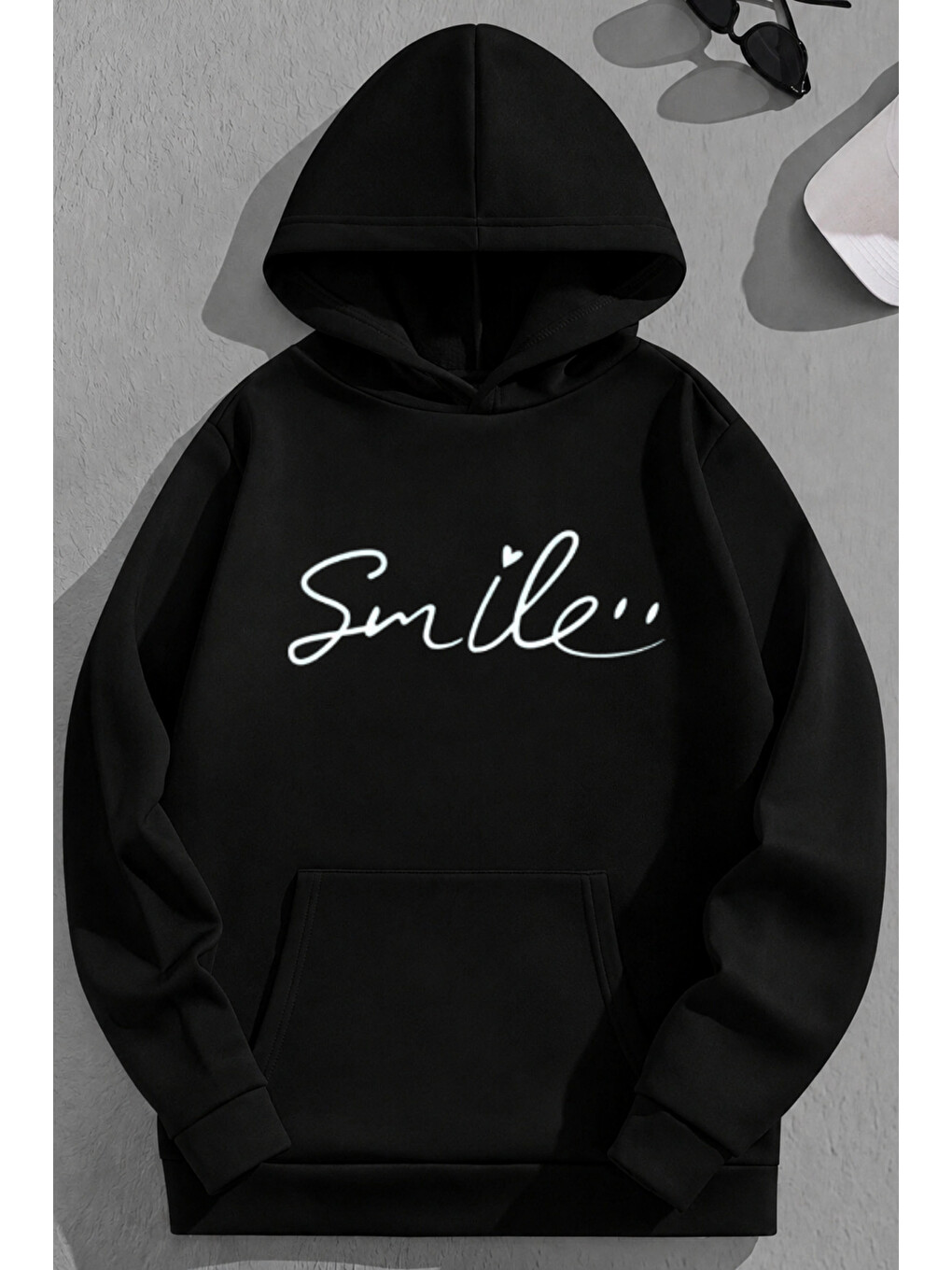 Unisex 3 İplik Pamuklu Siyah Smile Baskı Bol Kalıp Sweatshirt Hoodie