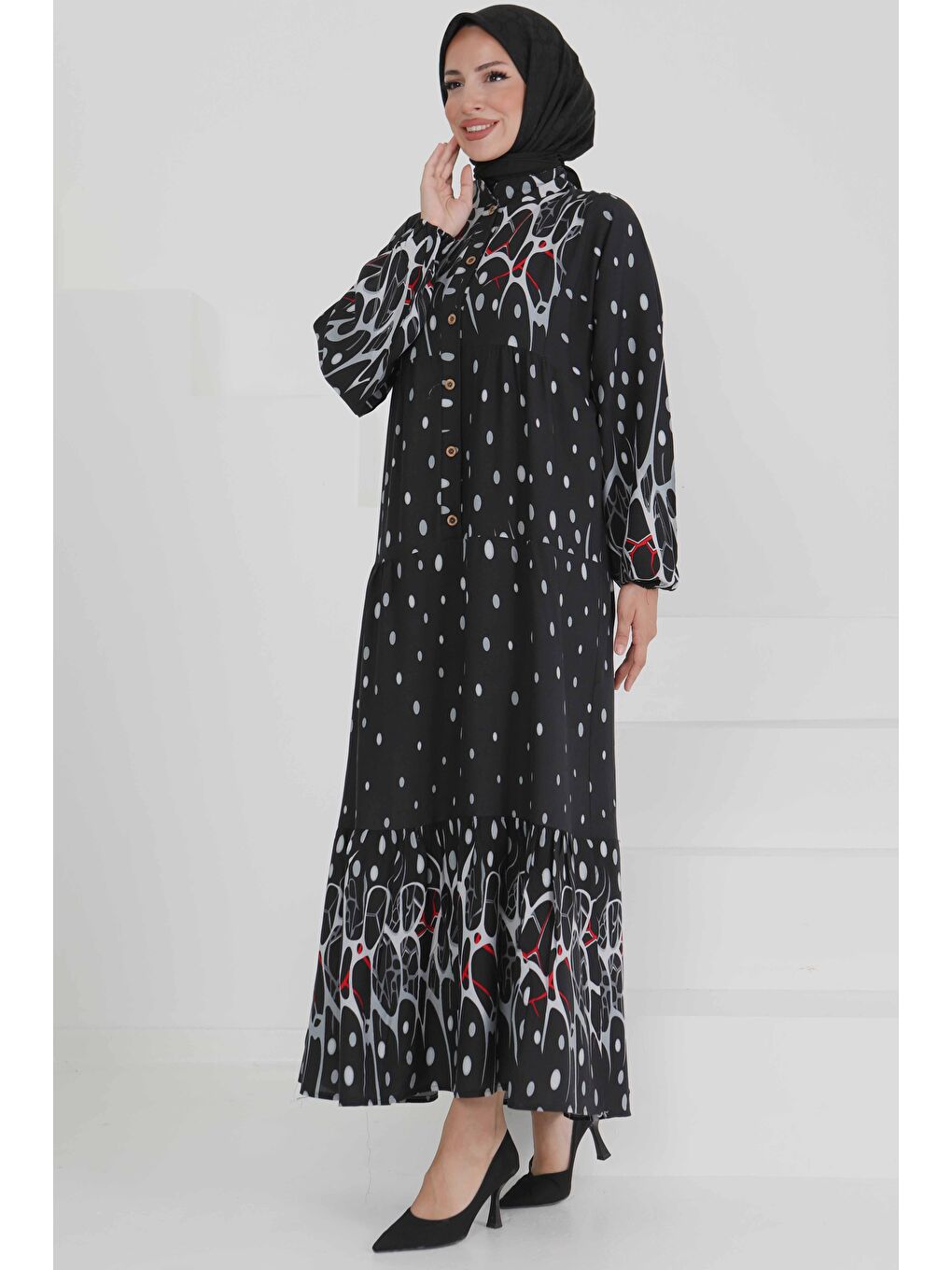 Desenli Düğmeli Elbise Gri - 27493