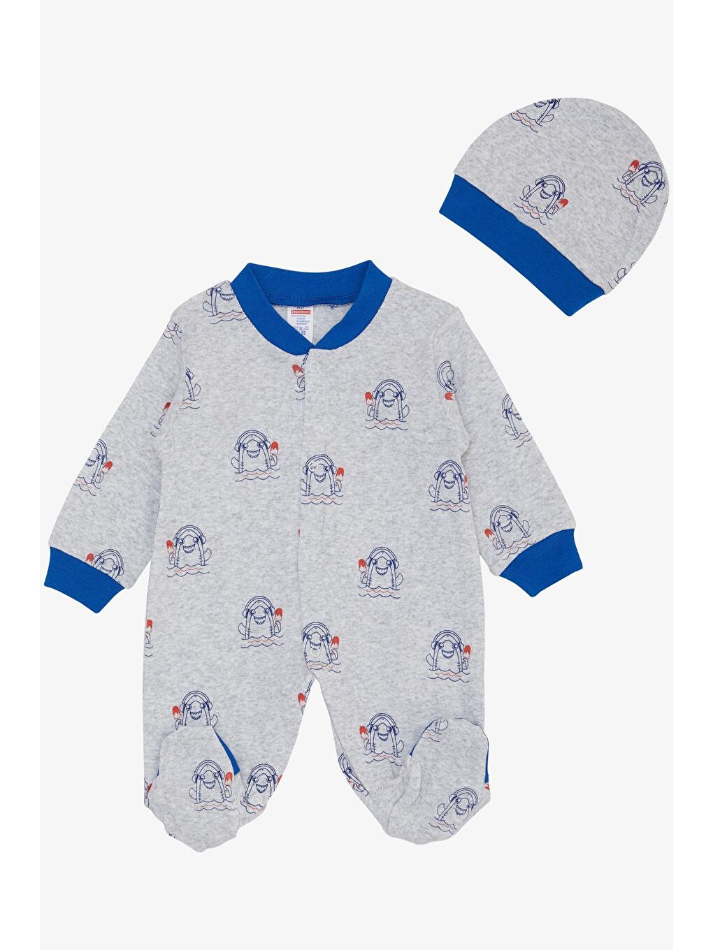 Erkek Bebek Tulum Yaz Temalı Çılgın Köpek Balığı Desenli Açık Gri Melanj (0-6 Ay)