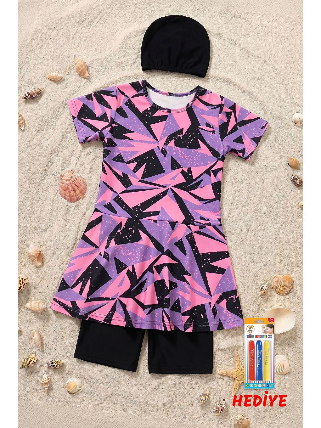 Mor Kız Çocuk Geometrik Desenli Etekli Mayo Takımı – Boya Hediyeli-1
