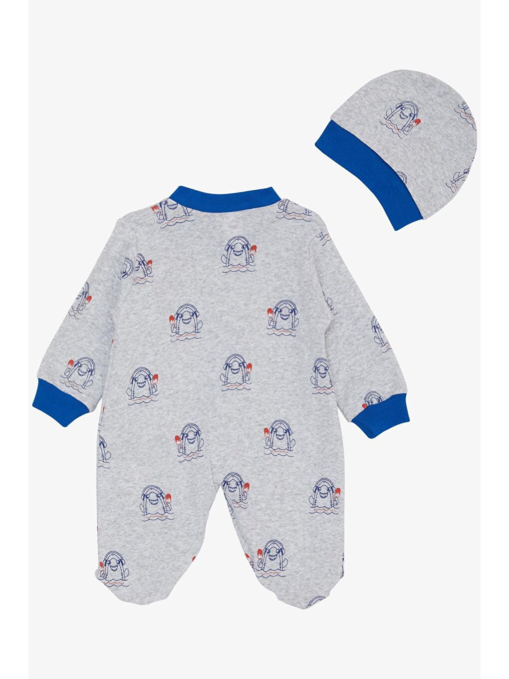 Erkek Bebek Tulum Yaz Temalı Çılgın Köpek Balığı Desenli Açık Gri Melanj (0-6 Ay)-1