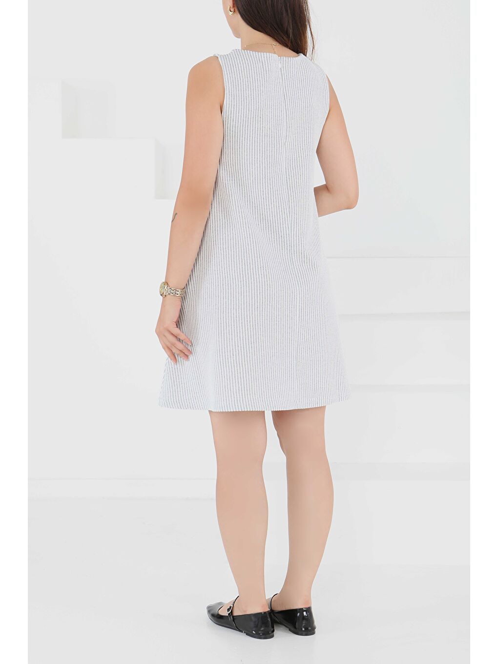 Su Yolu Fermuarlı Elbise Gri - 27502-5