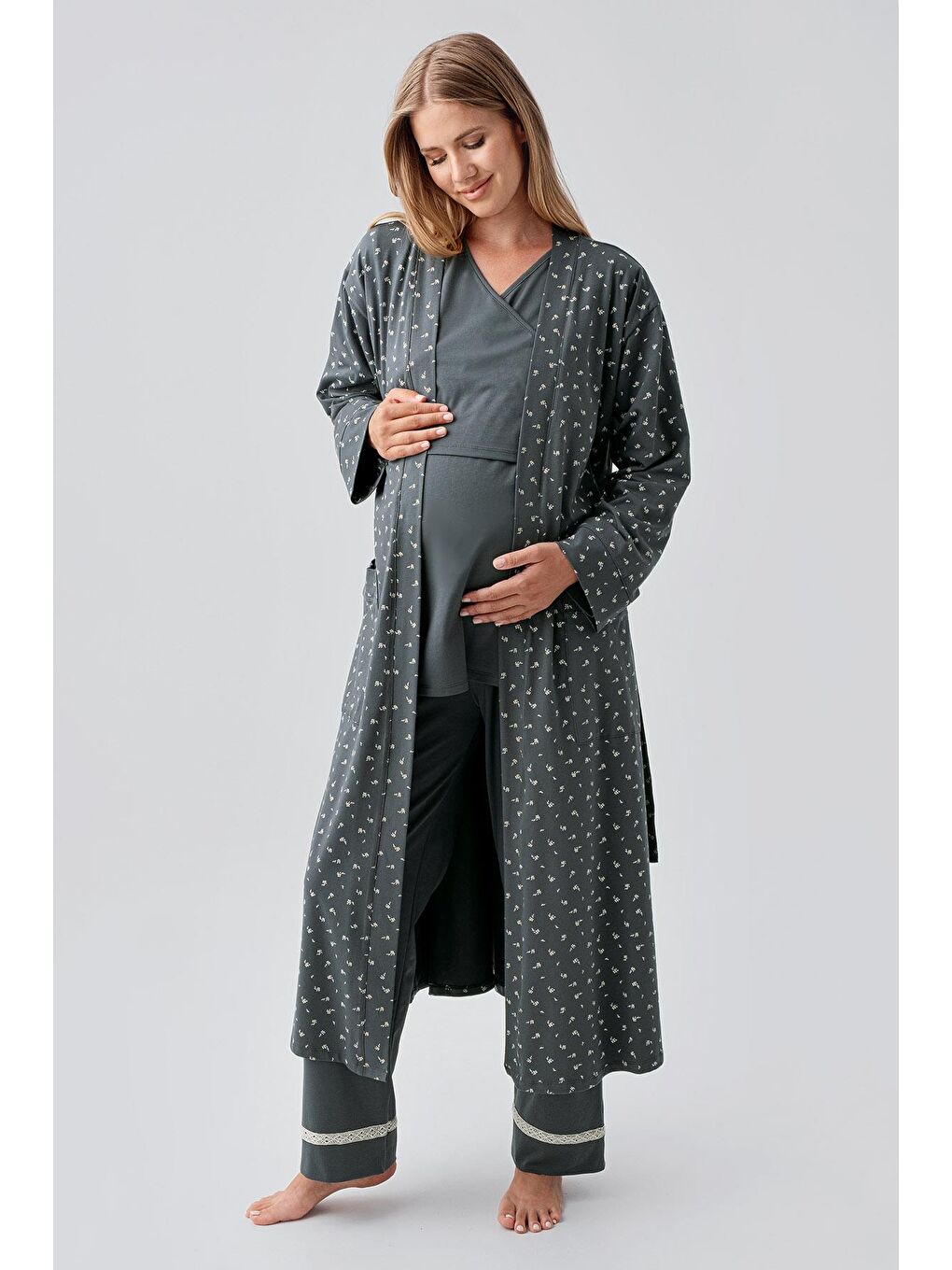 Yeşil Uzun Kollu Desenli Esnek Pamuklu Hamile Sabahlık Pijama Takım 18301