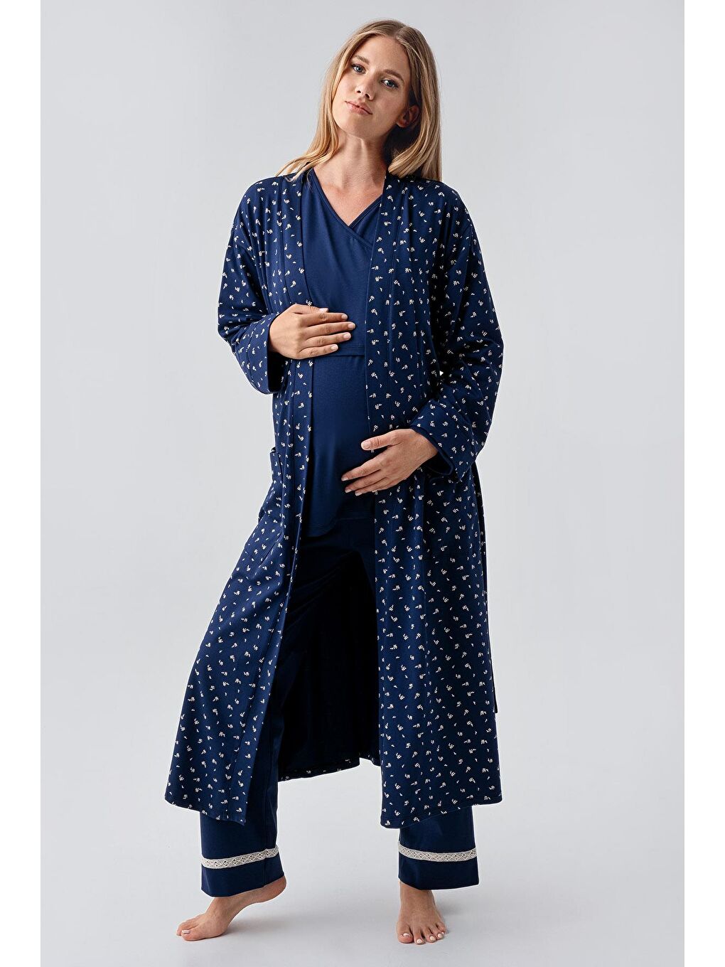 Lacivert Uzun Kollu Desenli Esnek Pamuklu Hamile Sabahlık Pijama Takım 18301