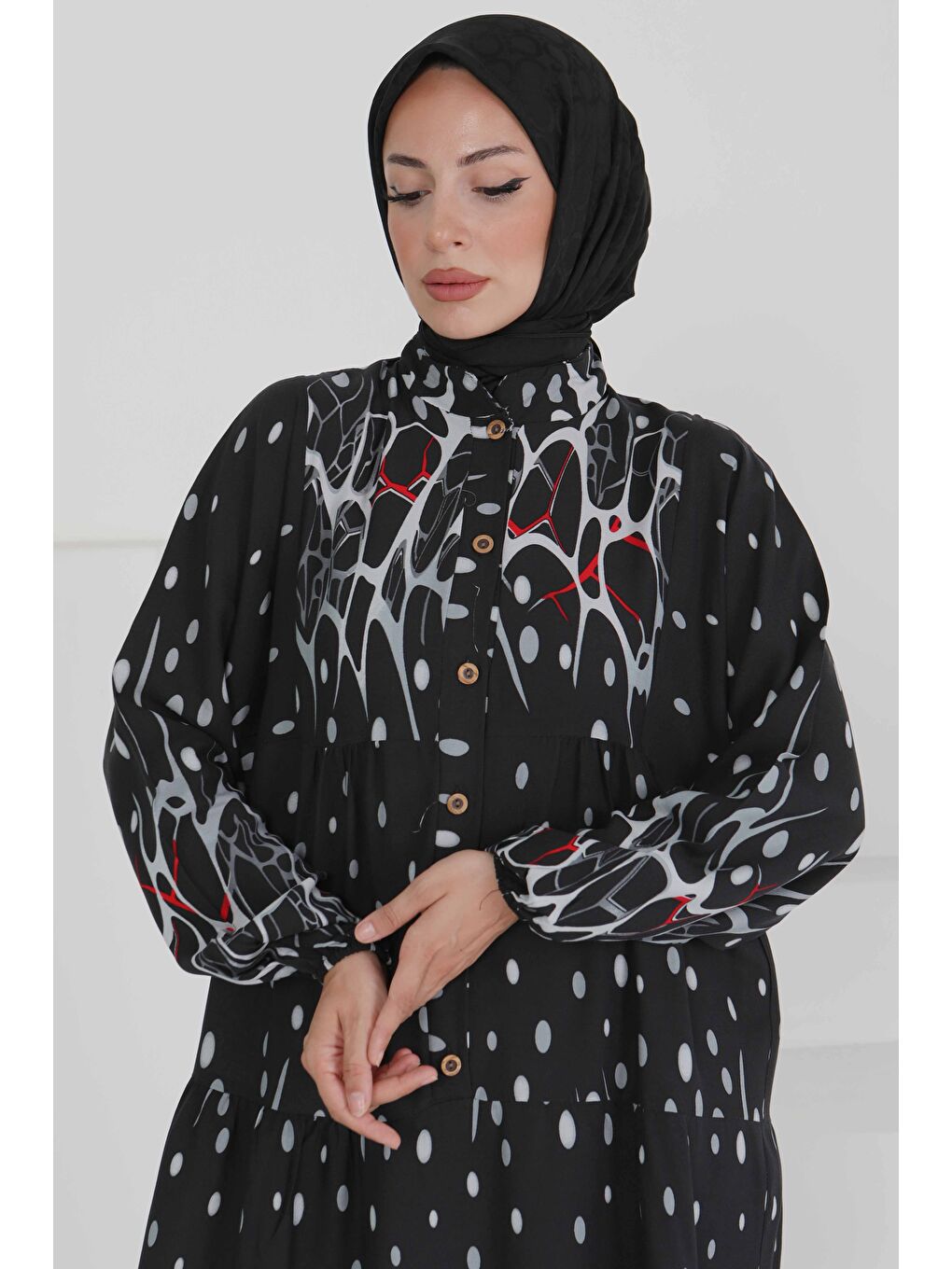 Desenli Düğmeli Elbise Gri - 27493-1