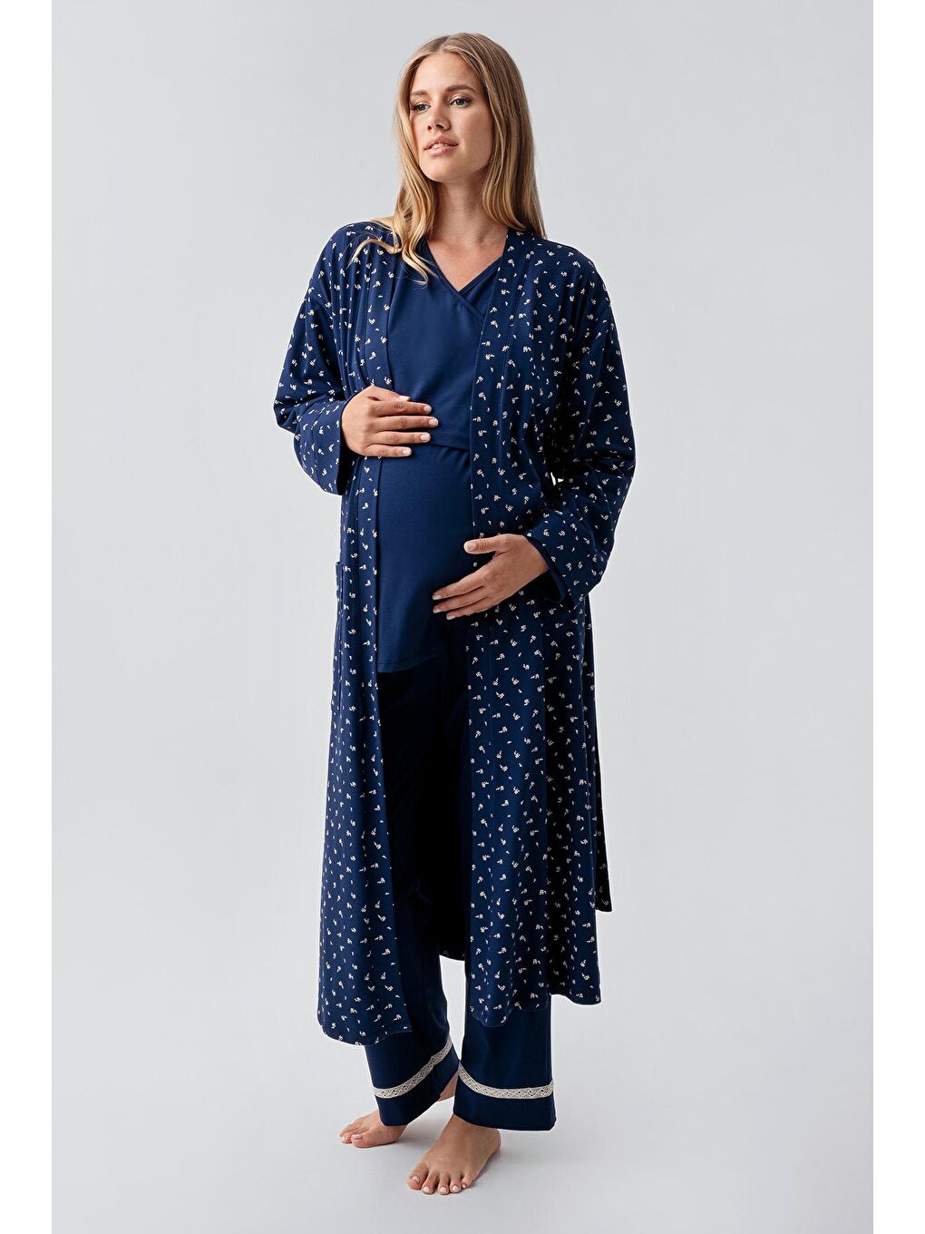 Lacivert Uzun Kollu Desenli Esnek Pamuklu Hamile Sabahlık Pijama Takım 18301-1
